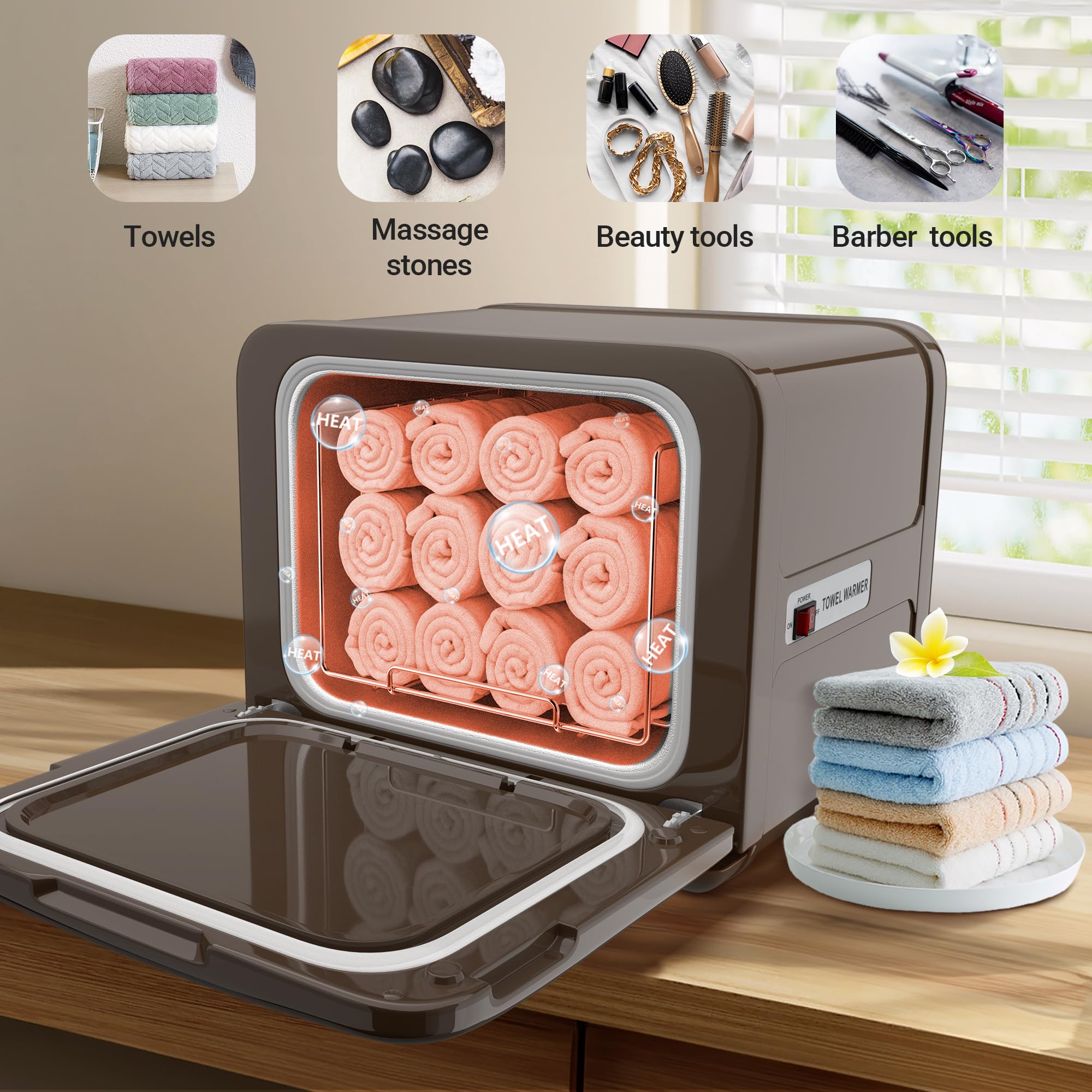 Premium 8.5L Towel Warmer Cabinet - Fast Heating All-Aluminum Liner Holds 12 Wet Facial Towels | Perfect for Spa, Salon, Hair Beauty & Home Luxury | Brown Bathroom Essential for Warm Towel Comfort