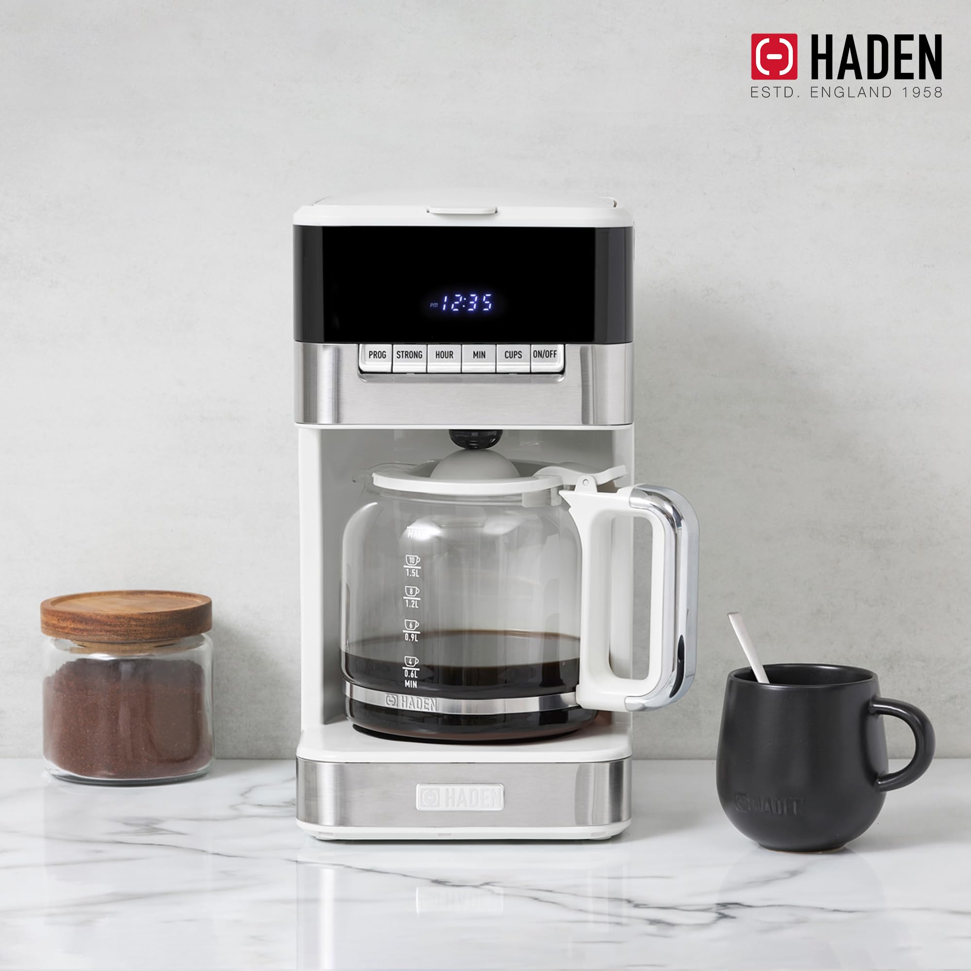 HADEN Quintessential 12 Cup Programmable Coffee Maker with 120-Minute Keep Warm, Delay Brew, Adjustable Strength & Anti-Drip - Ivory/Chrome - Perfect for Home, Office & Morning Brews