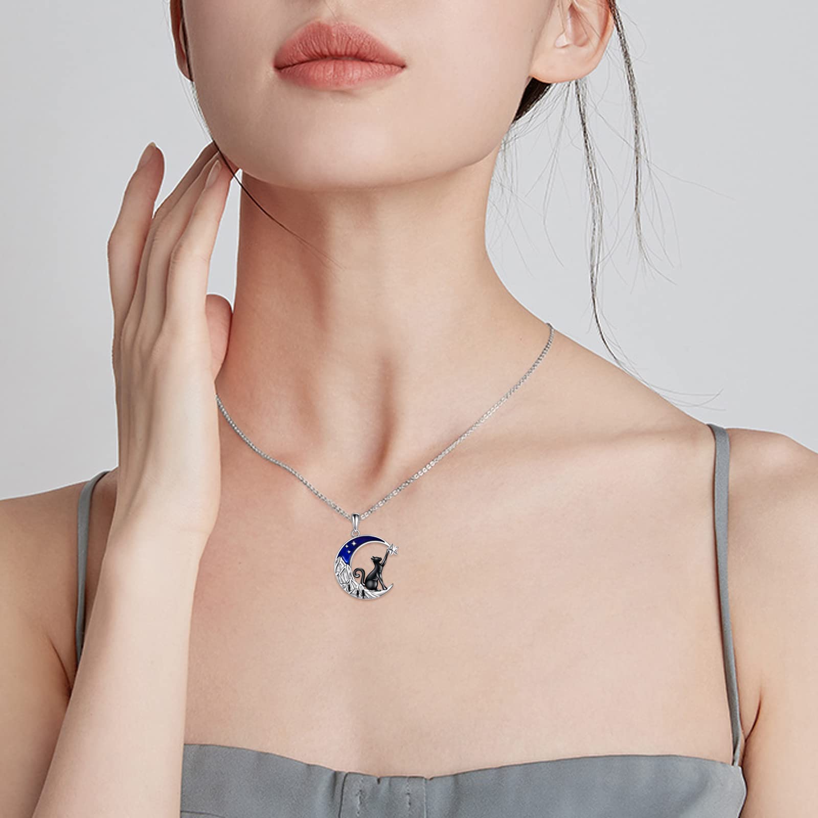 VONALA 925 Sterling Silver Black Cat Necklace with Moon Pendant - Elegant Jewelry Gift for Women & Teen Girls | Birthday, Anniversary, Halloween & Everyday Wear