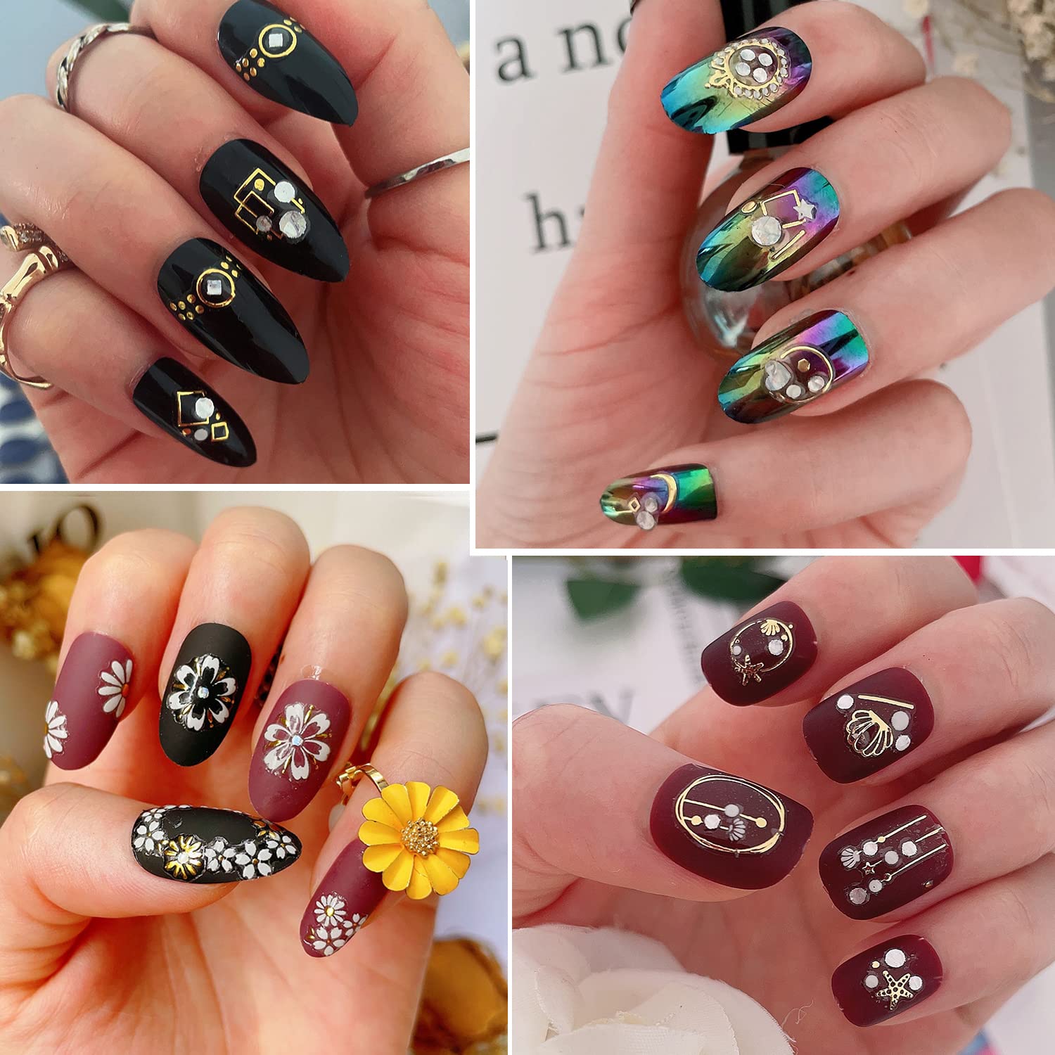 32 Sheet 3D Nail Art Stickers - Gold & Diamond Luxury Design, Self-Adhesive Nail Decals with White Flowers, Hearts, Lines & Geometric Patterns for DIY Nail Decoration | French Manicure Accessories for Parties, Weddings & Special Occasions
