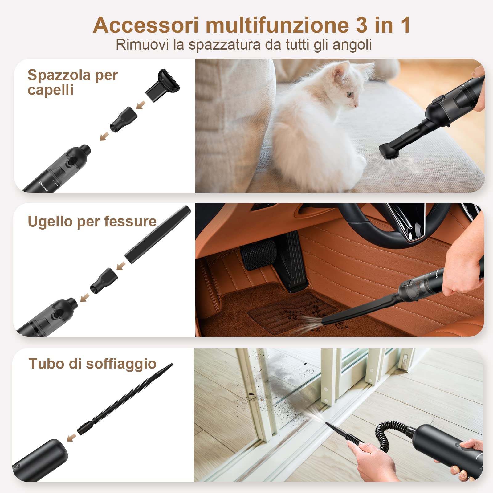Chuboor 18000Pa Powerful 4-in-1 Portable Car Vacuum Cleaner with USB Charging | Includes 4 x 2000mAh Mini Vacuums & Triple Filtration System | 25 Min Runtime | Ideal for Home, Car, Office & Pet Hair Cleaning (Black)