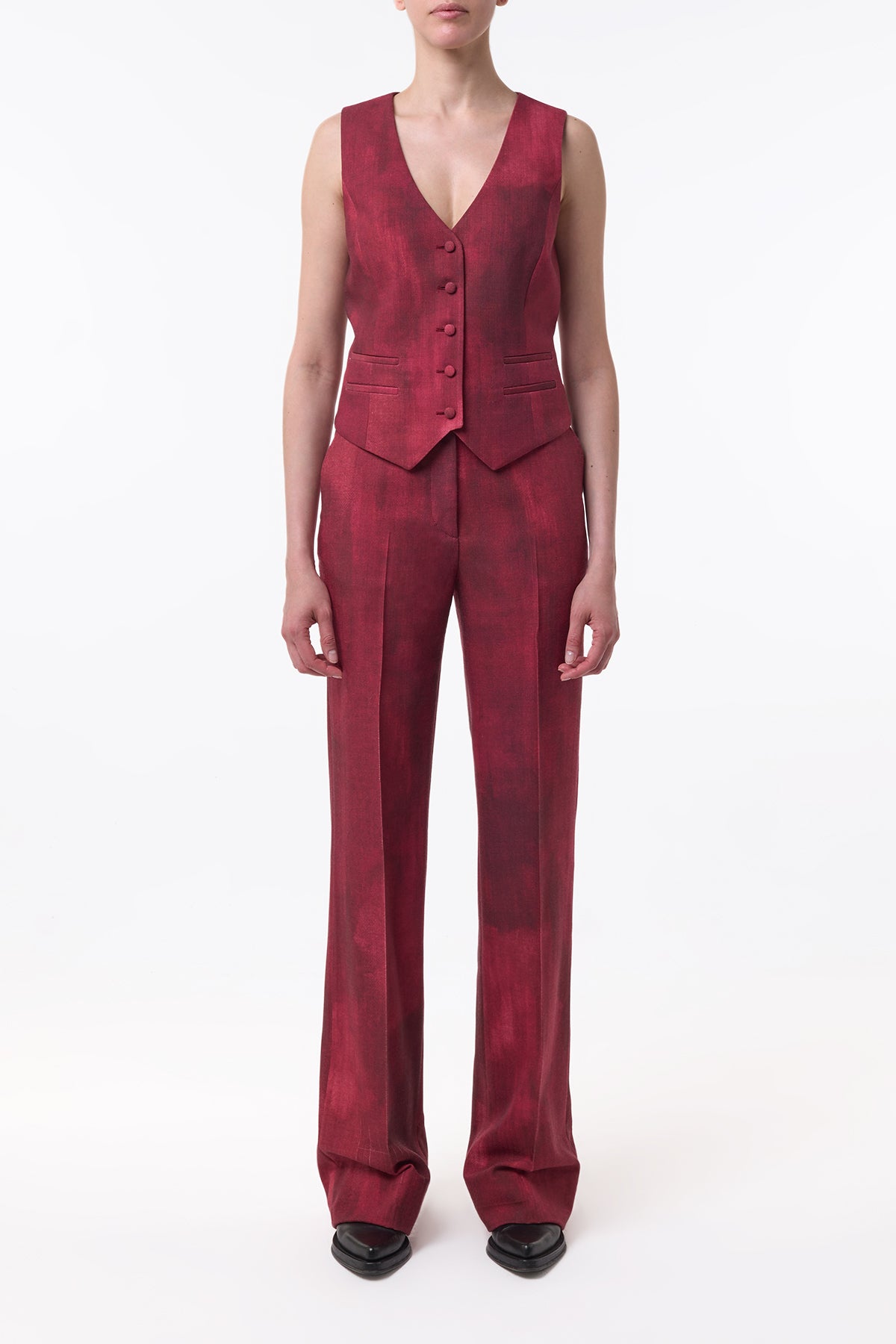 Vesta Flare Pant in Bordeaux Virgin Wool - Women's High Waist Wool Trousers for Office & Winter Outfits