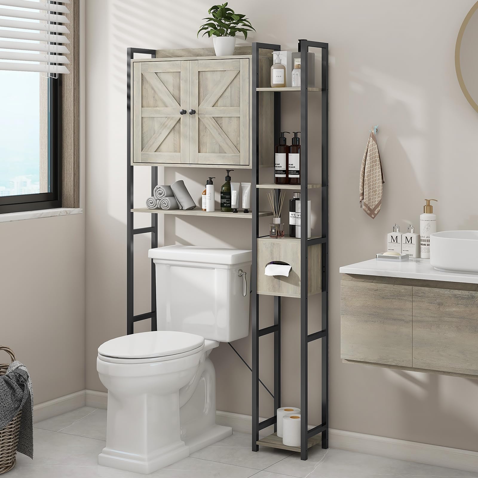 Over The Toilet Storage Cabinet with 2 Doors - Multi Layer Shelves & Waterproof Feet - Bathroom Organizer for Toilet Paper, Towels & Essentials - Perfect for Small Spaces, Laundry Room & Apartment Bathrooms