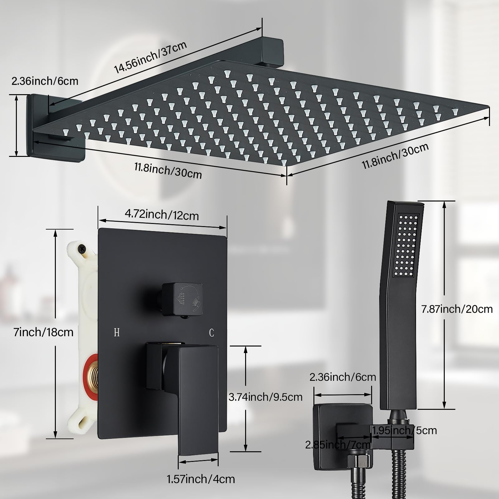 Matte Black Shower Faucet System - 12 Inch Rain Shower Head with Handheld Sprayer | Luxury Wall Mounted Bathroom Shower Set for Modern Home Spa Experience