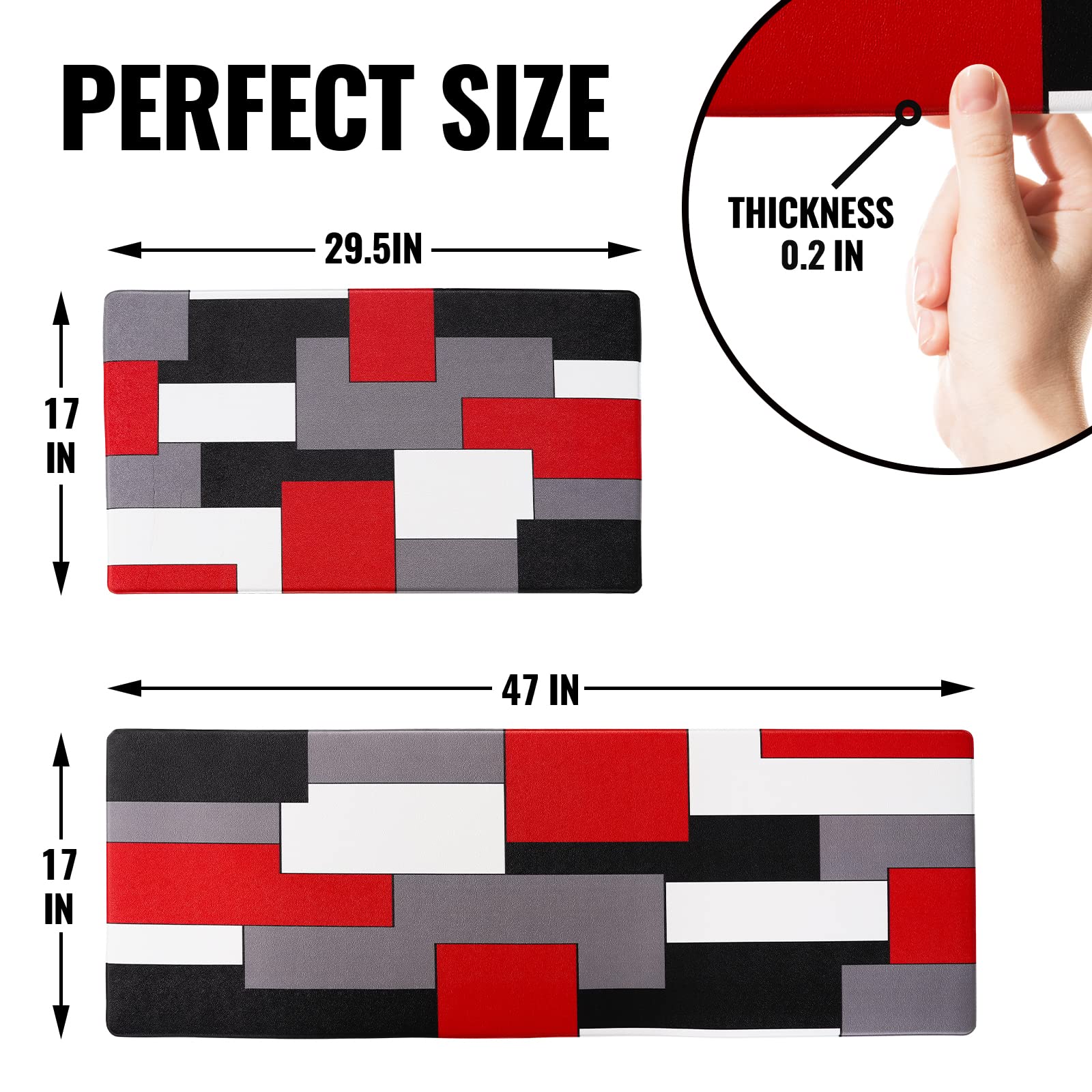 AILUER 2-Piece Red and Grey Abstract Geometric Kitchen Rugs Set - Non-Slip Waterproof Floor Mats for Kitchen, Office & Laundry (17.5
