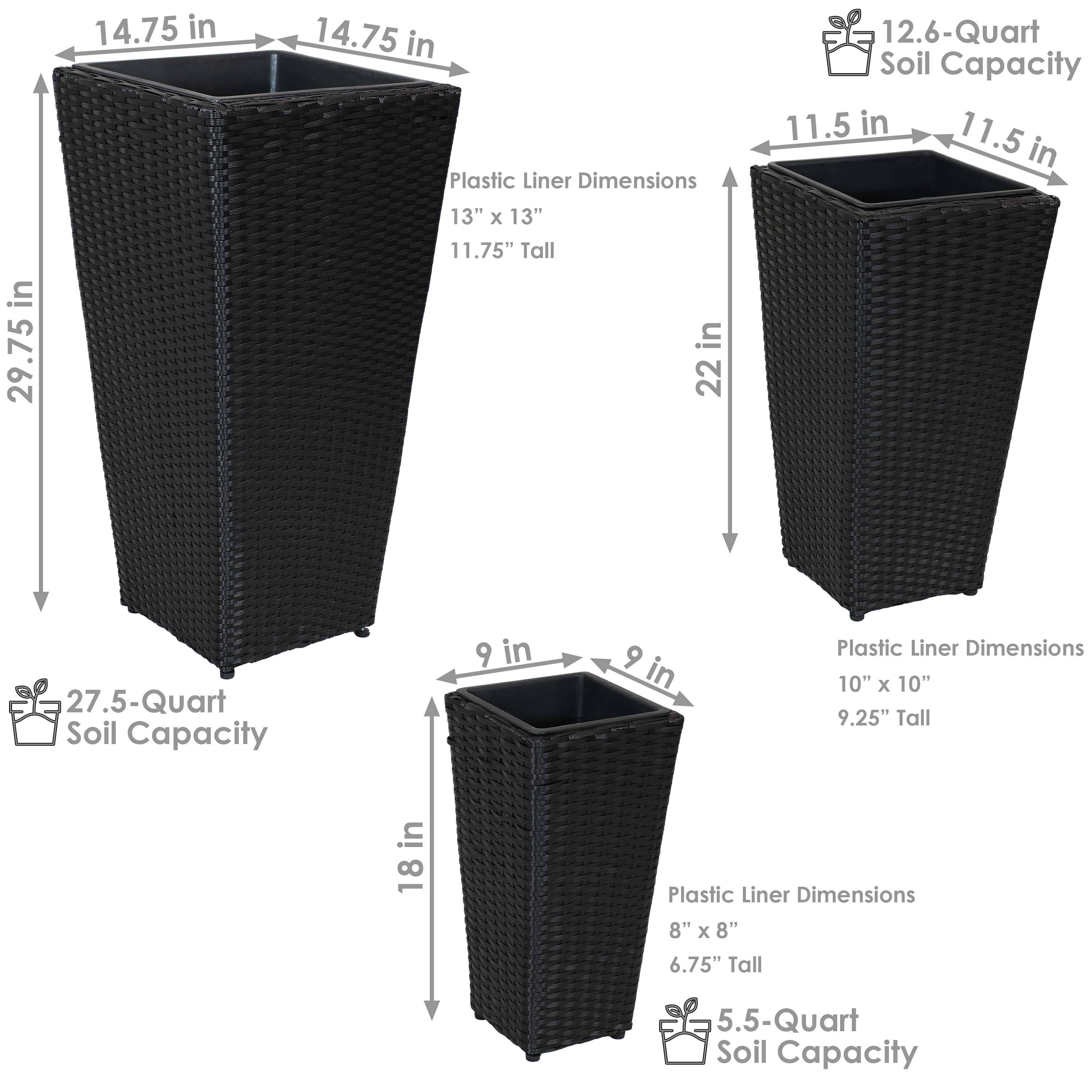 Sunnydaze 3-Piece Black Square Tall Wicker Planter Set - Durable Poly Rattan Outdoor Flower Pots for Patio, Garden & Balcony Decor