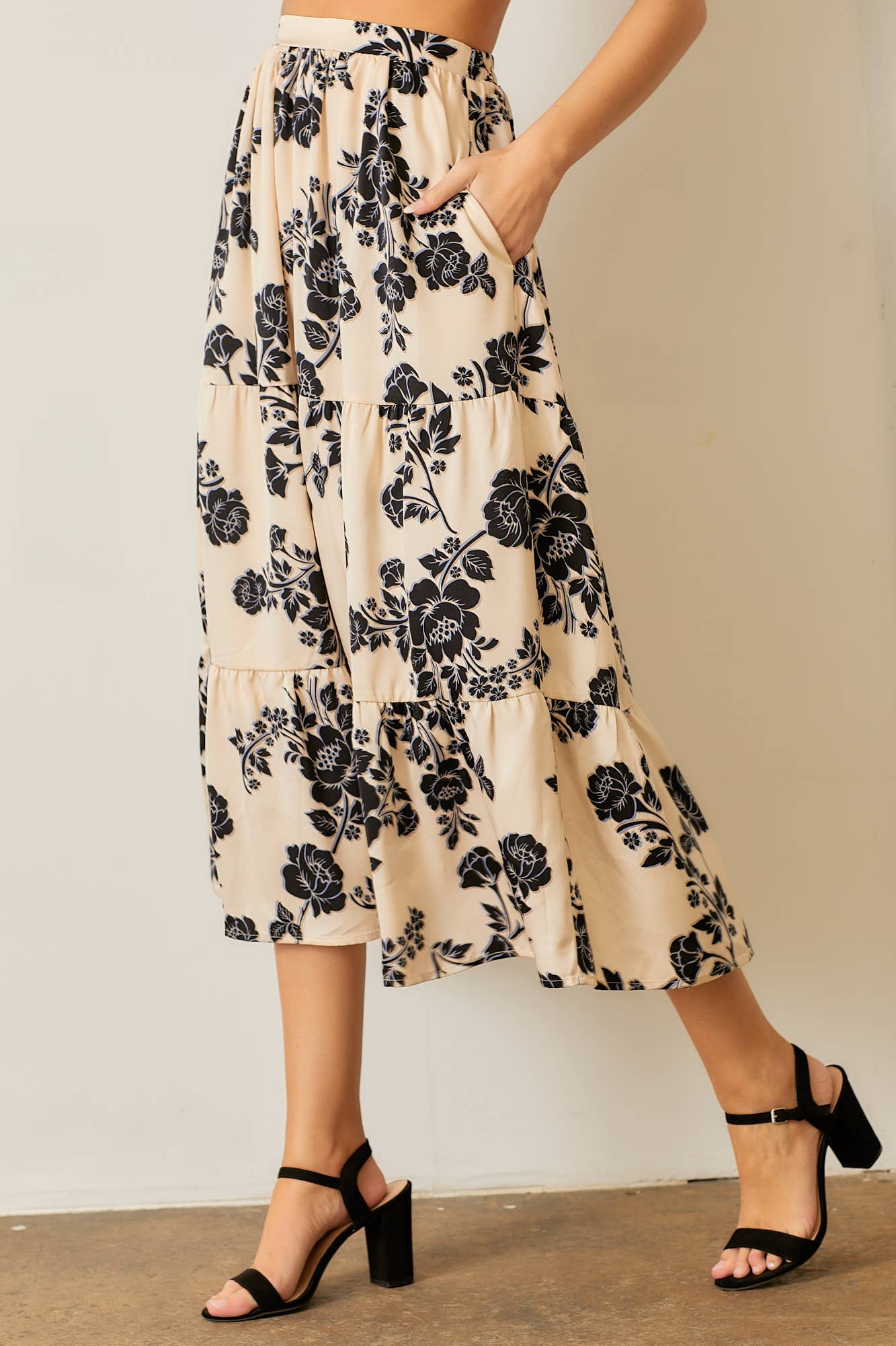 Floral Satin Print Midi Skirt for Women - Cream & Multi Color Summer Skirt | Elegant A-Line Skirt for Casual Wear, Office, Date Night & Special Occasions