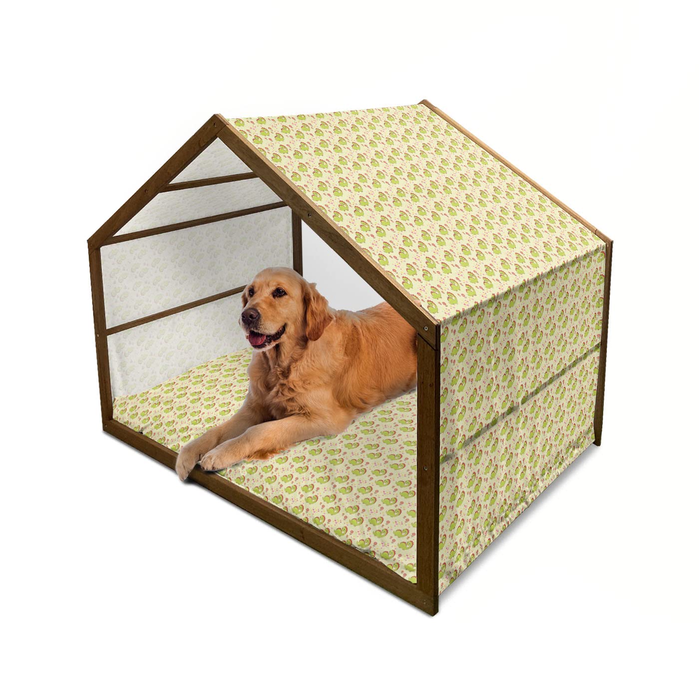 Ambesonne Dinosaur Wooden Dog House - XL Indoor/Outdoor Portable Pet Kennel with Pillow & Cover, Green/Yellow Dino Print with Spring Meadow Flowers & Hearts - Perfect for Backyards, Patios & Pet Rooms