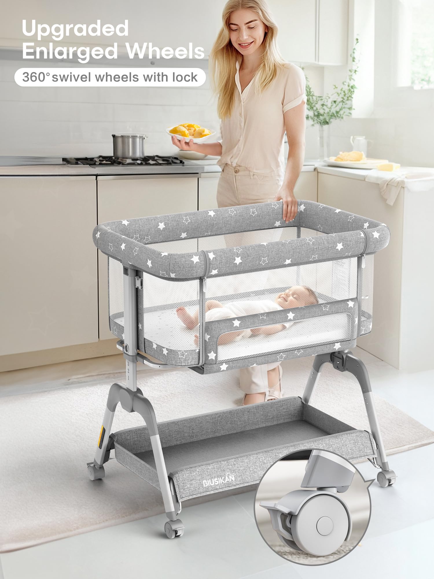 Portable Adjustable Height Baby Bassinet Bedside Sleeper with Mattress & Wheels - All Mesh Breathable Crib for Newborns - Perfect for Co-Sleeping, Nursery, Bedroom & Travel