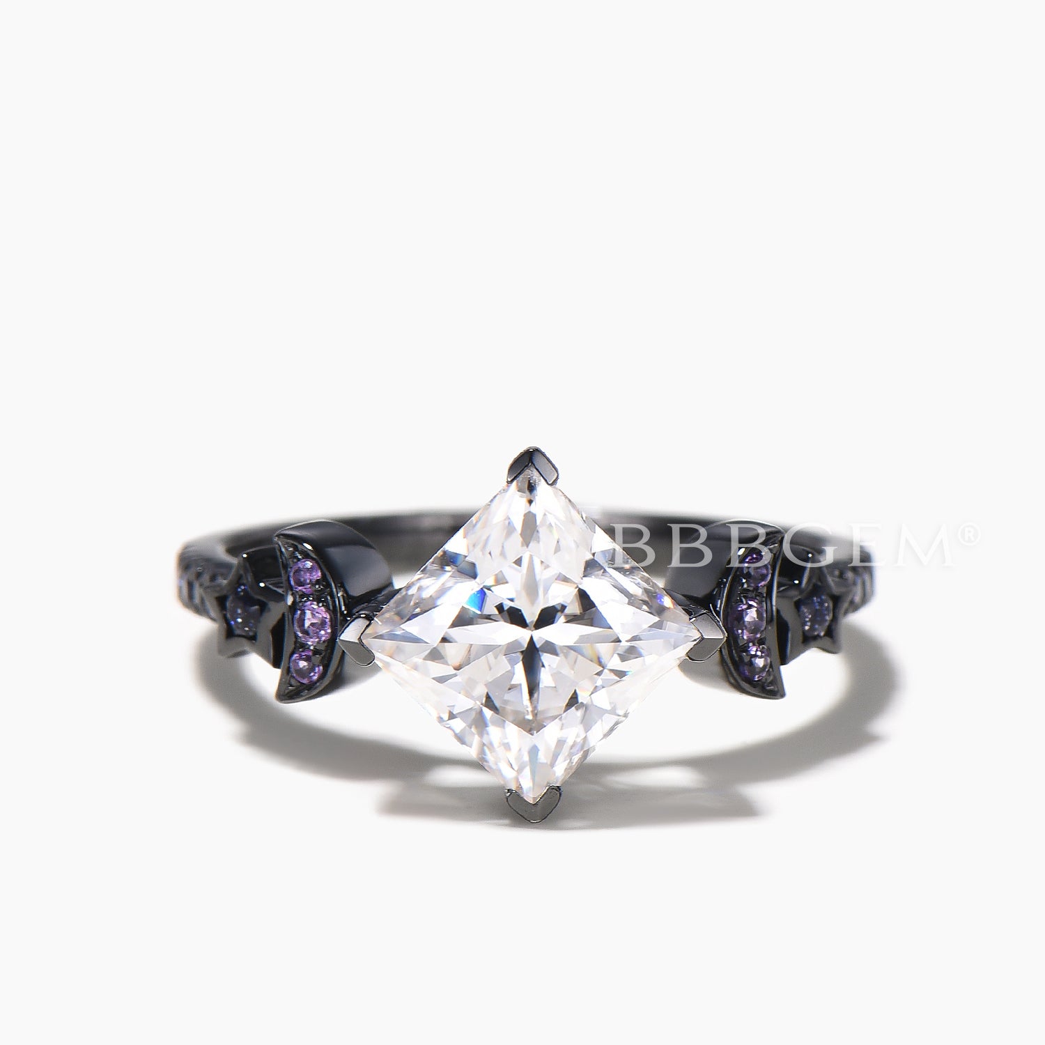 Princess Cut Moissanite Engagement Ring in Black Gold with Moon Star & Blue Sandstone Band - Perfect for Proposals, Weddings & Anniversary Gifts