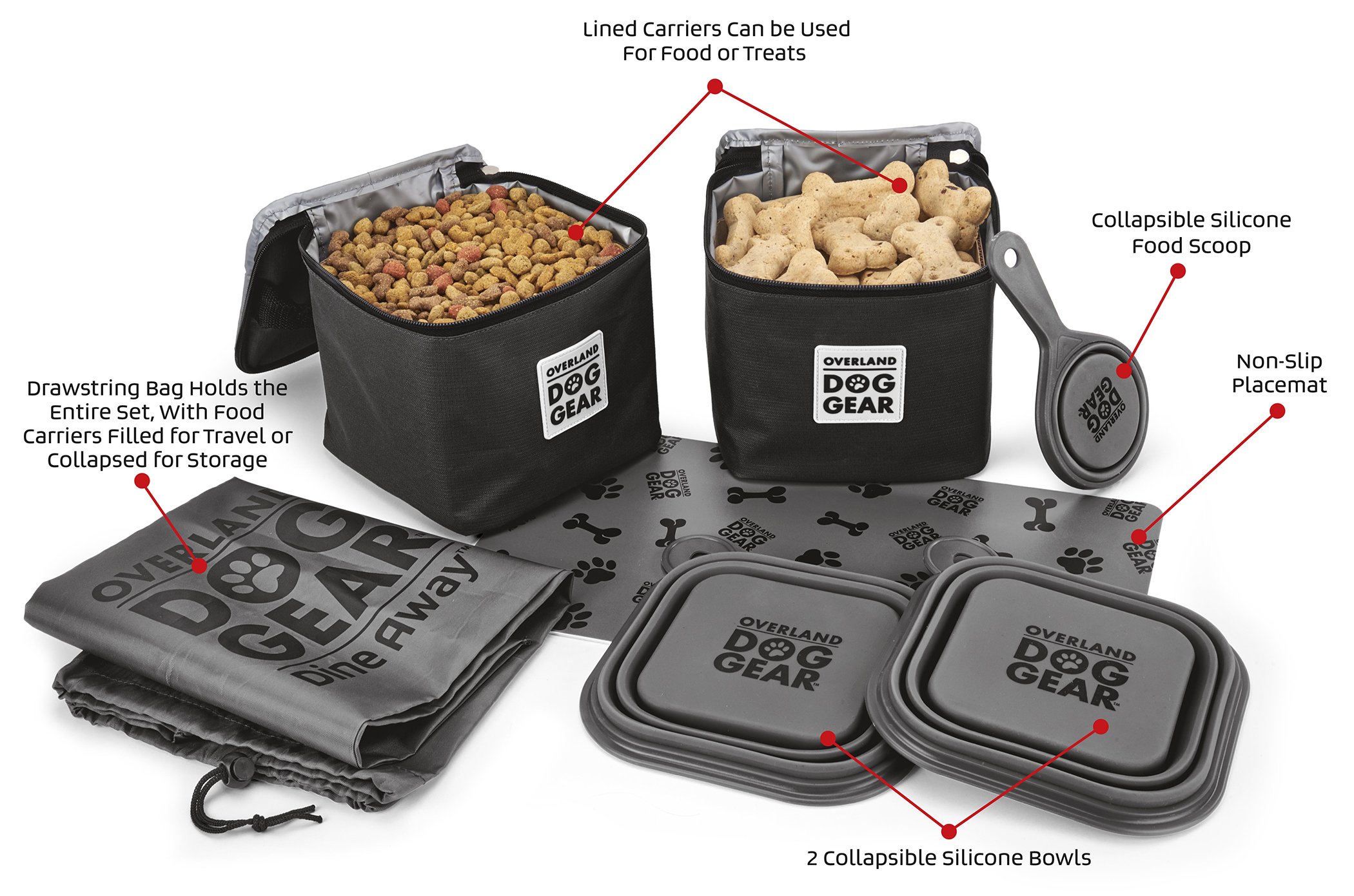 Premium Mobile Dog Gear - Dine Away Travel Bag for Medium & Large Dogs | Includes Lined Food Carriers, 2 Collapsible Bowls, Scooper & Placemat | Perfect for Road Trips, Camping & Outdoor Adventures (Black)
