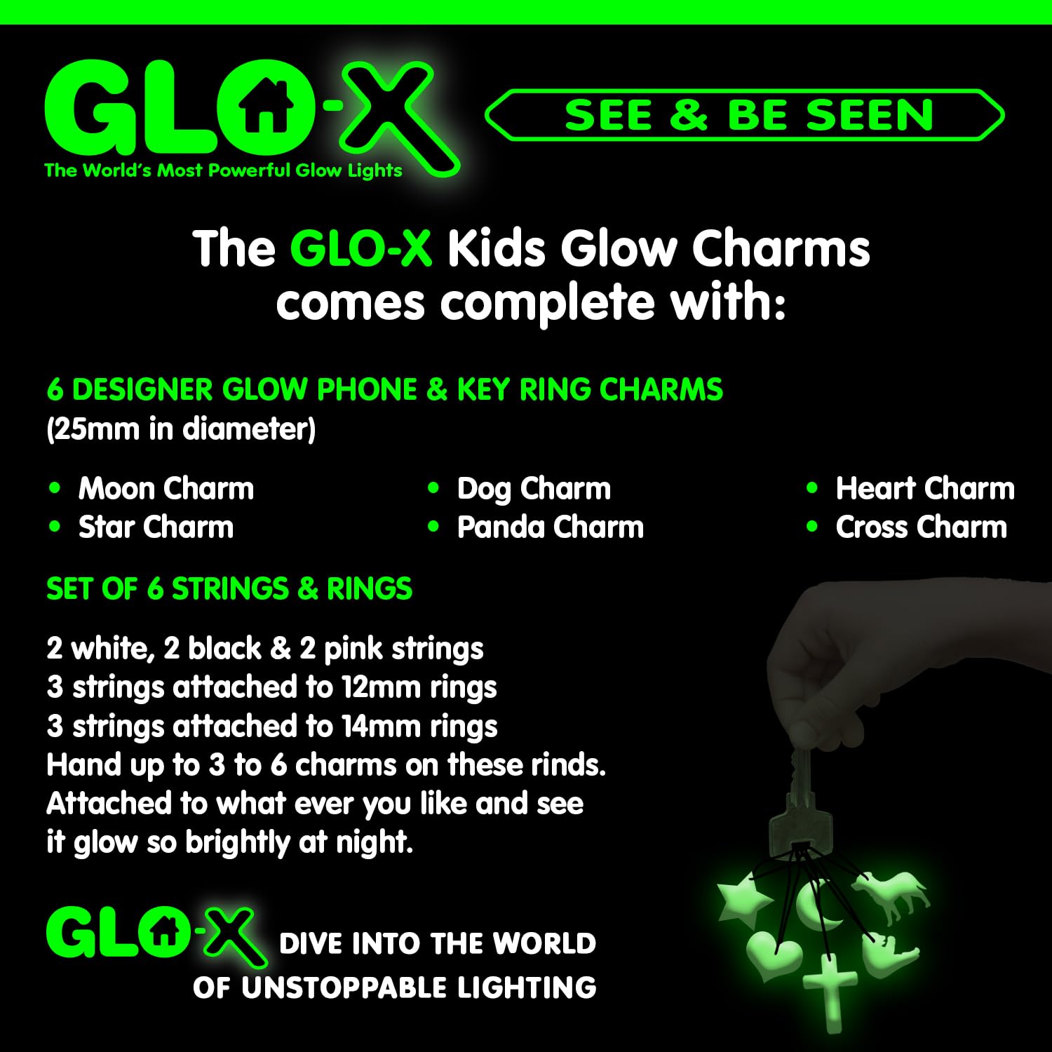 GLO-X Kids Glow in The Dark Charms - 6 Pack Long Lasting 12+ Hours Glow Sticks - No Batteries Needed - Perfect for Nighttime Play, Parties, Camping & Safety Accessories