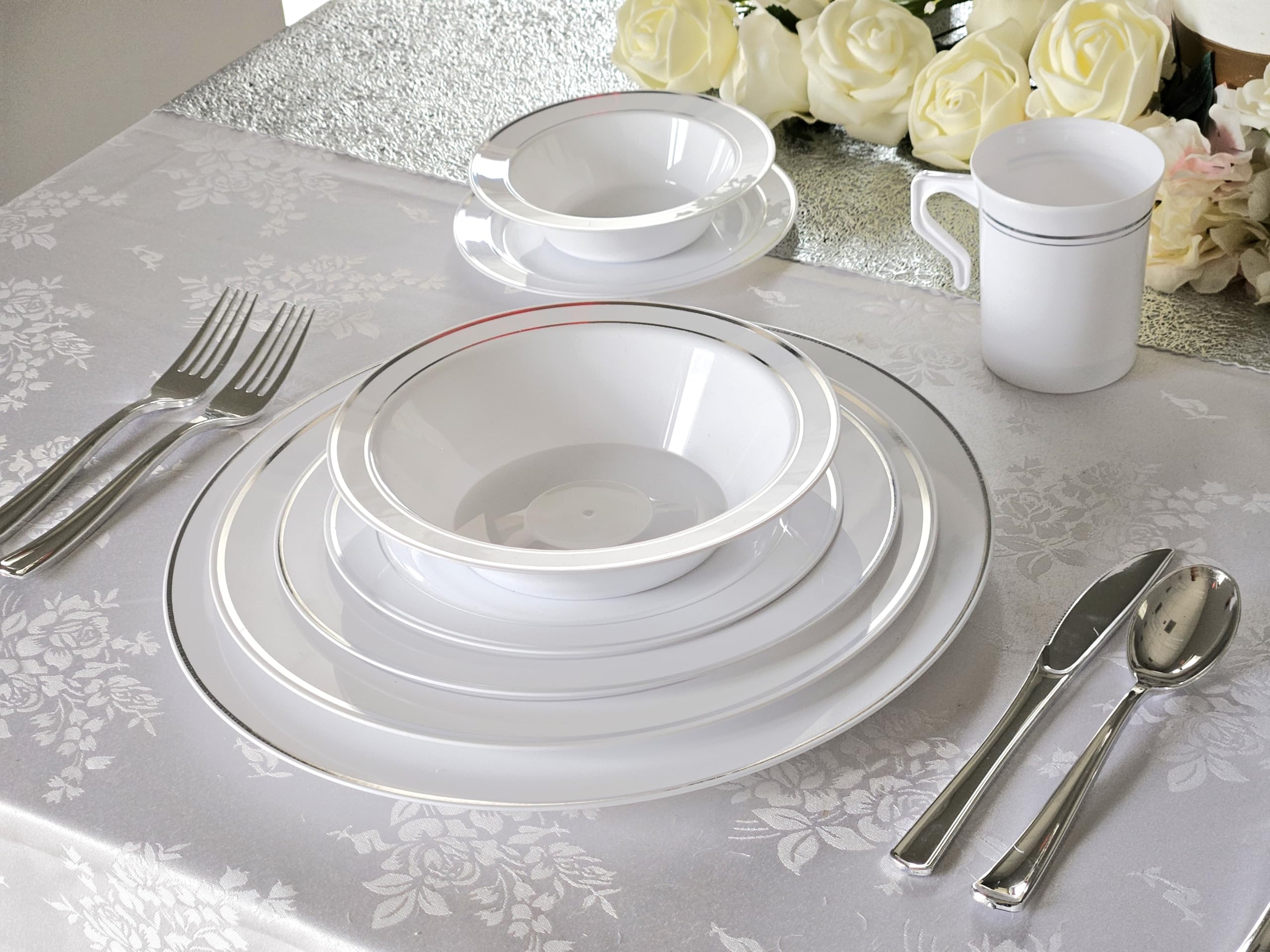 40-Pack Heavyweight Disposable Plastic Plates for Weddings & Parties - 10.5'' Elegant White Dinner Plates with Silver Rim - Perfect for Formal Events, Catering & Special Occasions