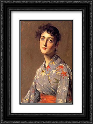 William Merritt Chase Japanese Kimono Girl Art Print - 18x24 Inch Black Ornate Framed Museum Quality Double Matted Wall Decor - Perfect for Living Room, Bedroom & Office Aesthetic
