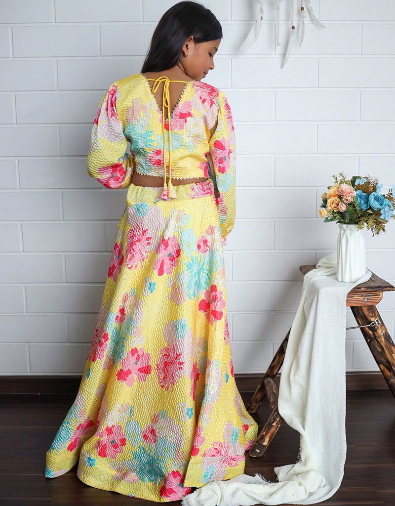 All-Season Designer Chinon Sequins Crochet Digital Print Kids Lehenga Choli Set in Yellow - Perfect for Festivals, Weddings & Special Occasions