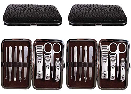 2 Pack Professional Manicure & Pedicure Set - 9 Piece Stainless Steel Nail Care Kit with Travel Case, Nail Clippers, Grooming Tools for Home & Travel (Snake Black) | Perfect for Salon, Spa, DIY Nail Care & On-the-Go Grooming