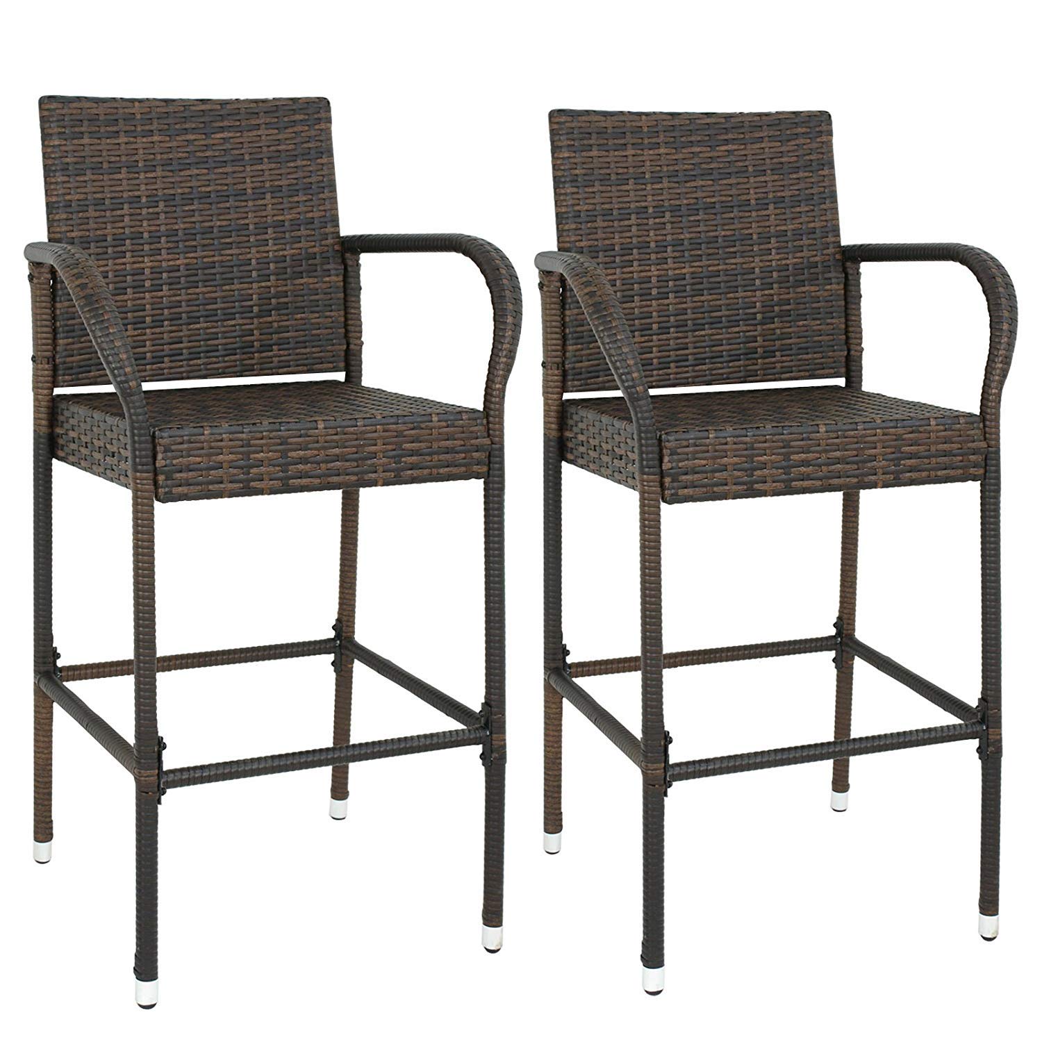 ZenStyle Set of 2 Brown Wicker Bar Stools with Footrest & Armrest - Rattan Style Indoor Outdoor Patio Stools for Kitchen Island, Dining Room, and Backyard Decor