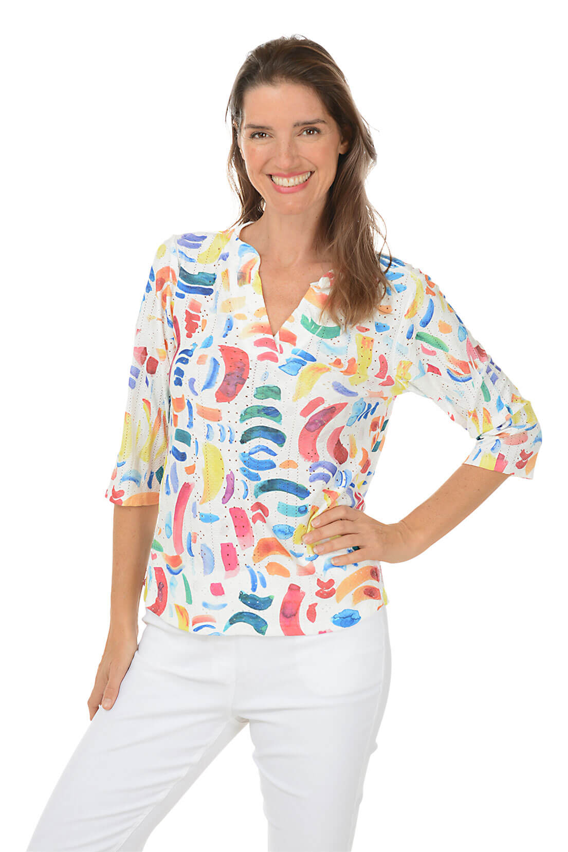 Petite Colorful Confetti High Low Eyelet Top for Women | Floral Summer Blouse | Perfect for Beach, Party & Casual Outfits