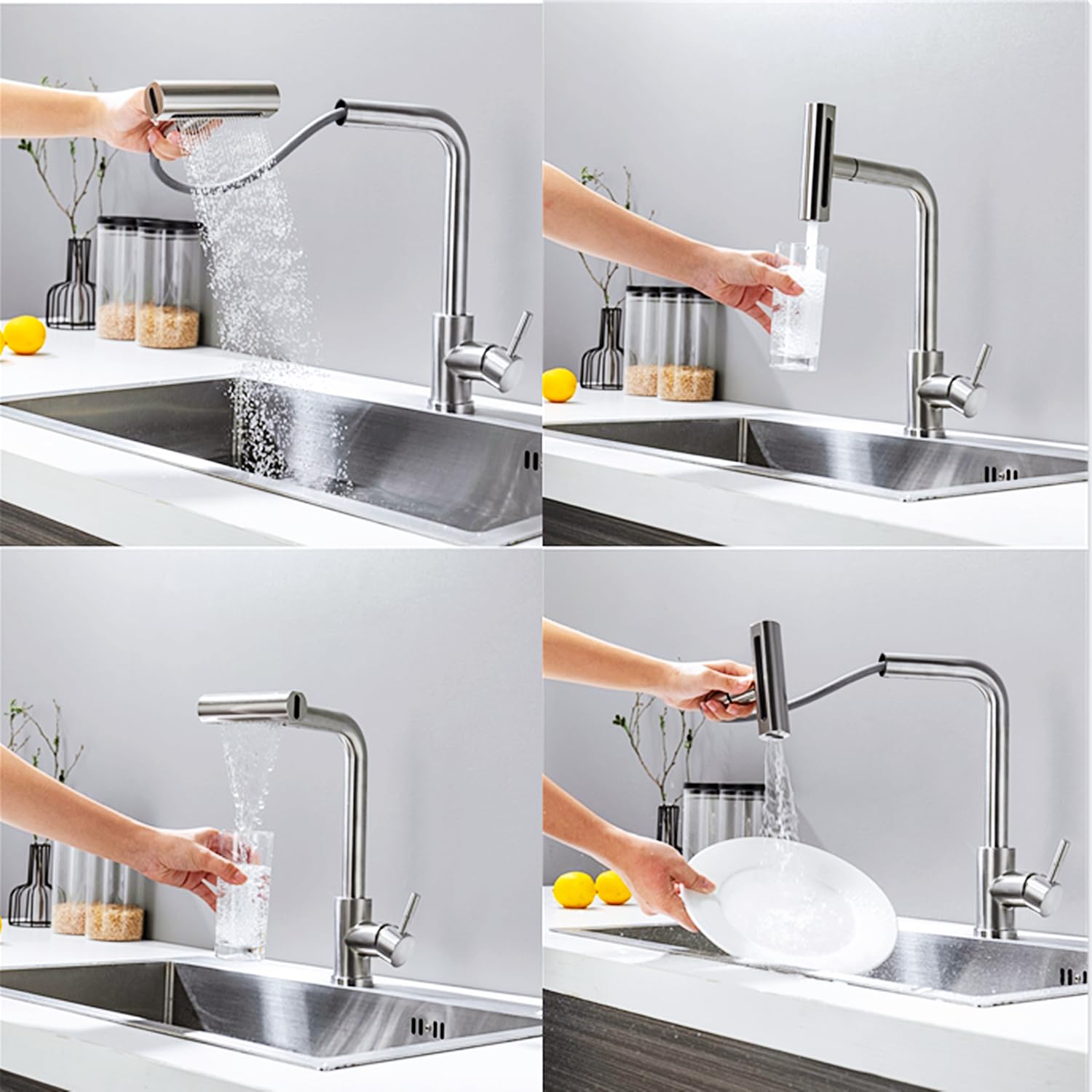YUUTY Modern Brushed Nickel Kitchen Faucet with Pull Down Sprayer - 360° Swivel Single Handle Waterfall Sink Faucet for 1 or 3 Hole Installation (4 Function Spray Modes) - Perfect for Home Kitchen Renovation & Daily Cooking Tasks