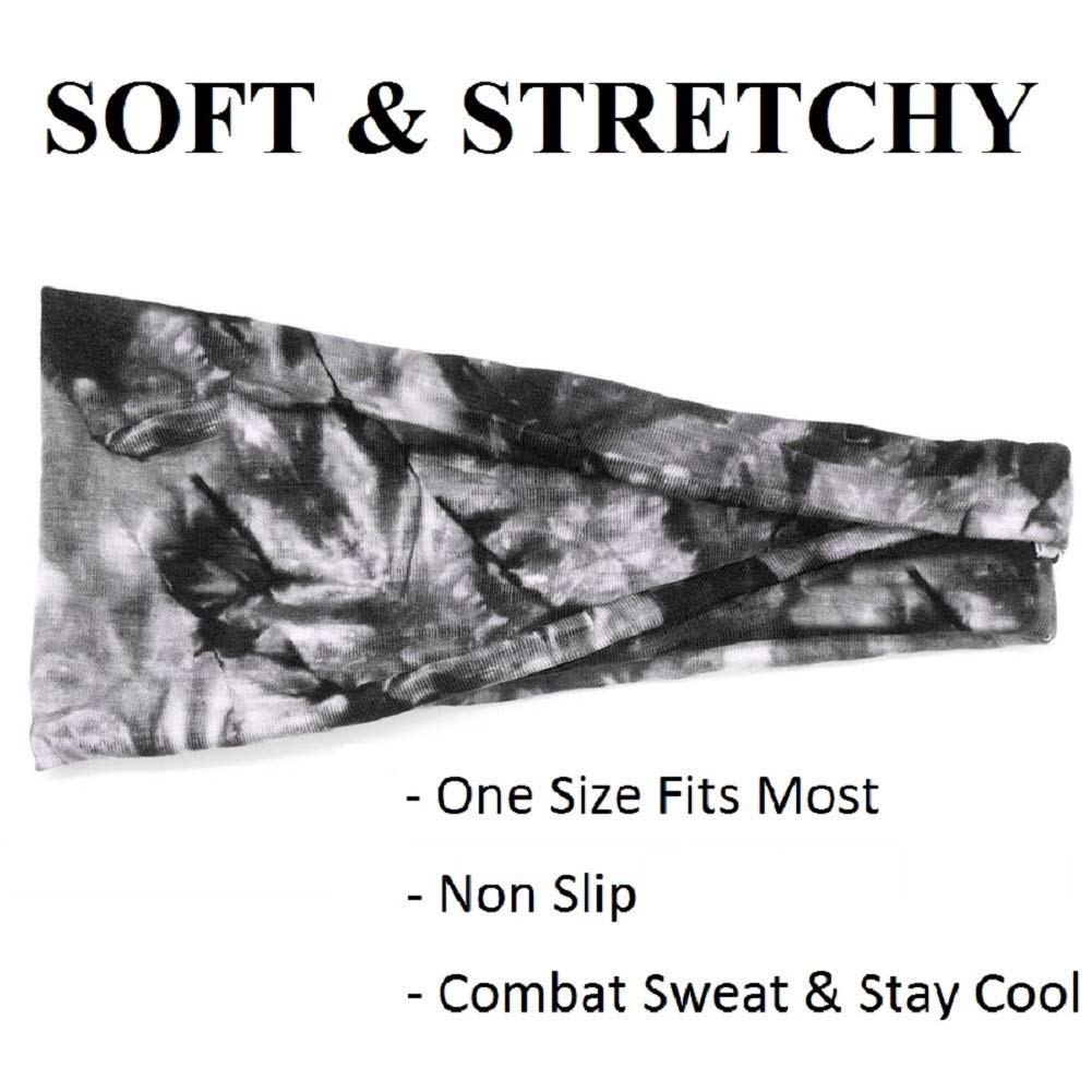 Huachi Women's Headbands - 6 Pack Elastic Hair Bands for Yoga, Workout & Exercise - Tie Dye Bandeau Headband Sweatbands - Comfortable Stretchy Material - Upgraded Design - One Size Fits All - Black - Perfect for Gym, Running, Sports & Daily Wear