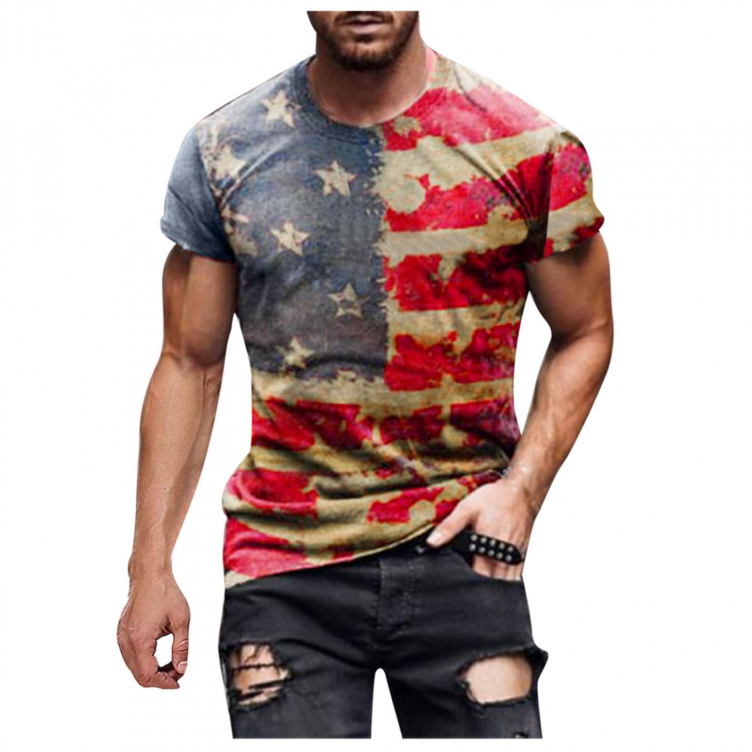 Men's Patriotic American Flag Graphic T-Shirt - Slim Fit Casual Short Sleeve Round Neck Tee for 4th of July, Independence Day Celebrations & Summer Outings