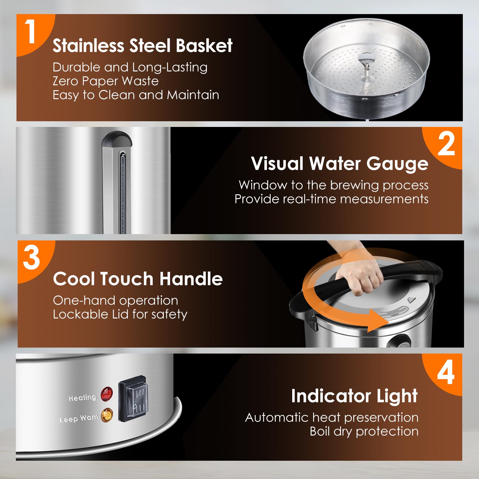 17L Commercial Coffee Urn - Stainless Steel Electric Coffee Dispenser with Internal Stage, Double Wall Insulation for Quick Brew (113 Cups) - Perfect for Offices, Catering, Events & Large Gatherings