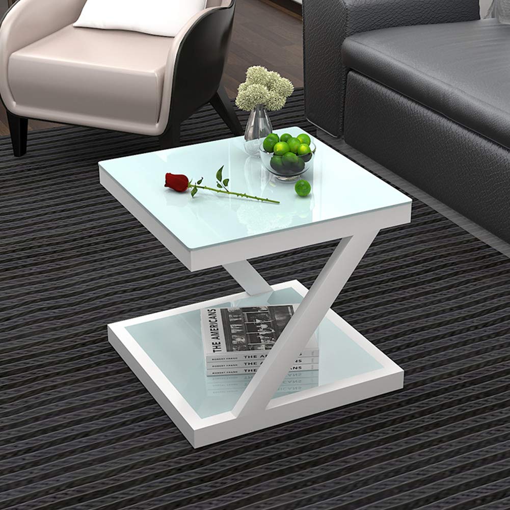 Modern Z-Shape Sofa Side Table with Tempered Glass Top & Stainless Steel Frame - Stylish Nightstand with Storage Shelf for Bedroom, Living Room, Balcony | Perfect for Holding Drinks, Books & Decor in Small Spaces