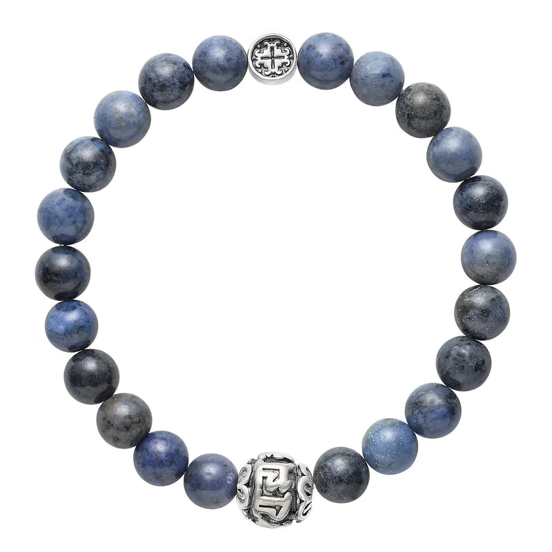 Mala + Mantra Dumortierite Stone Men's Bracelet - Healing Crystal for Meditation, Yoga & Spiritual Protection - Handmade Adjustable Beaded Wristband for Men