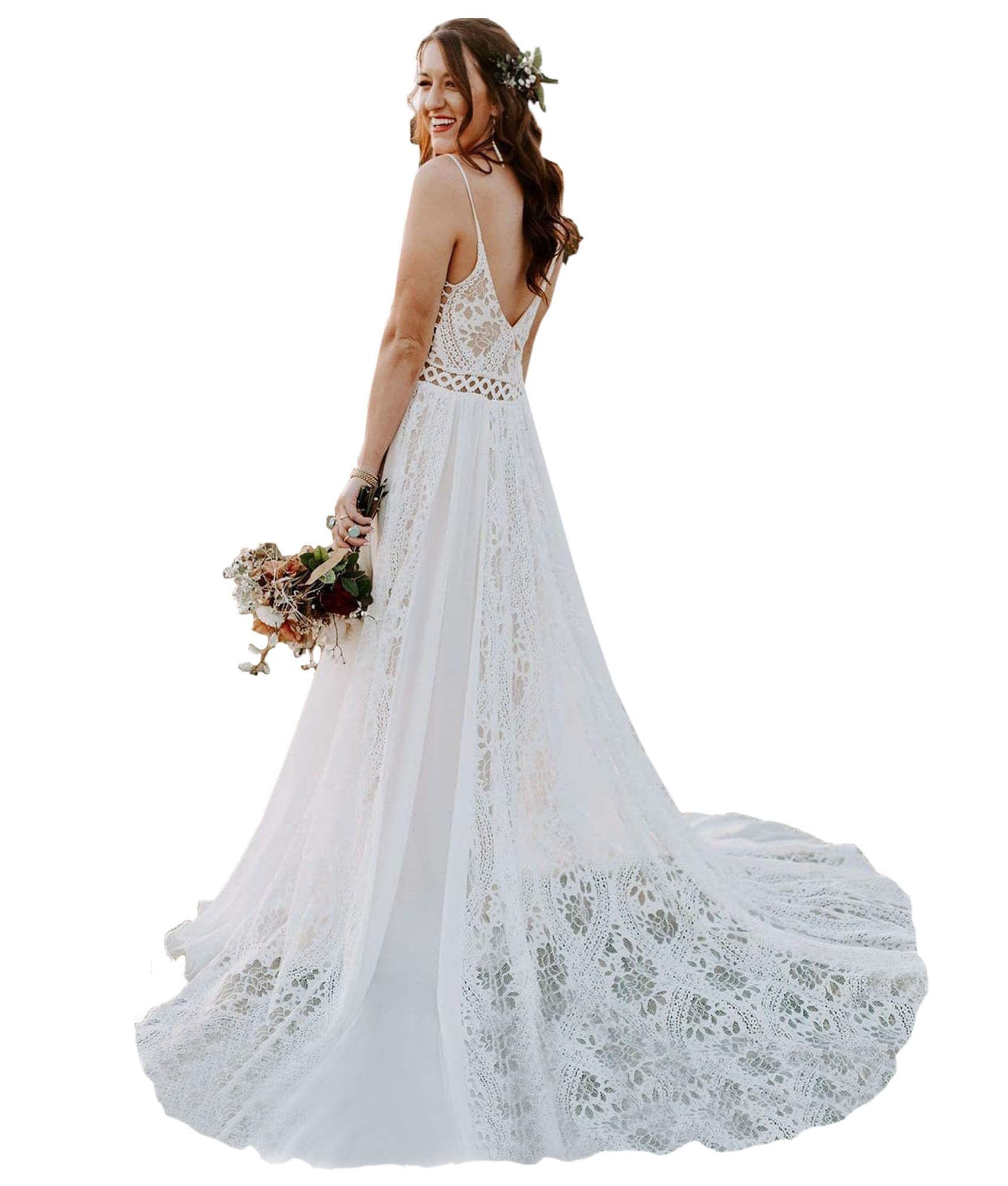 2023 Bohemian Wedding Dresses for Bride - Spaghetti Strap V-Neck Backless Lace Bridal Gown | Summer Beach & Outdoor Ceremony Wedding Dress