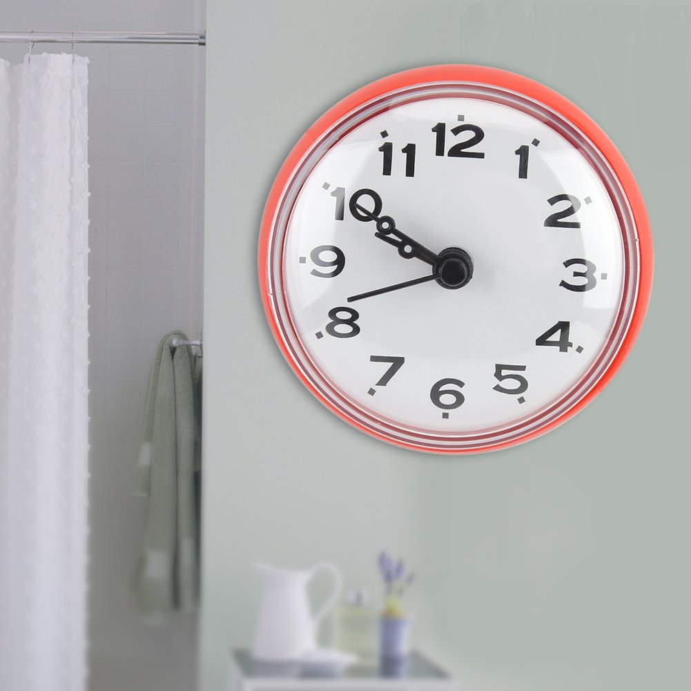 Keenso Waterproof Shower Clock with Suction Cup - Round Arabic Digital Dial Bathroom Clock for Shower, Kitchen & Bath Accessories (Red) - Perfect for Bath Time, Cooking Timer & Home Decor
