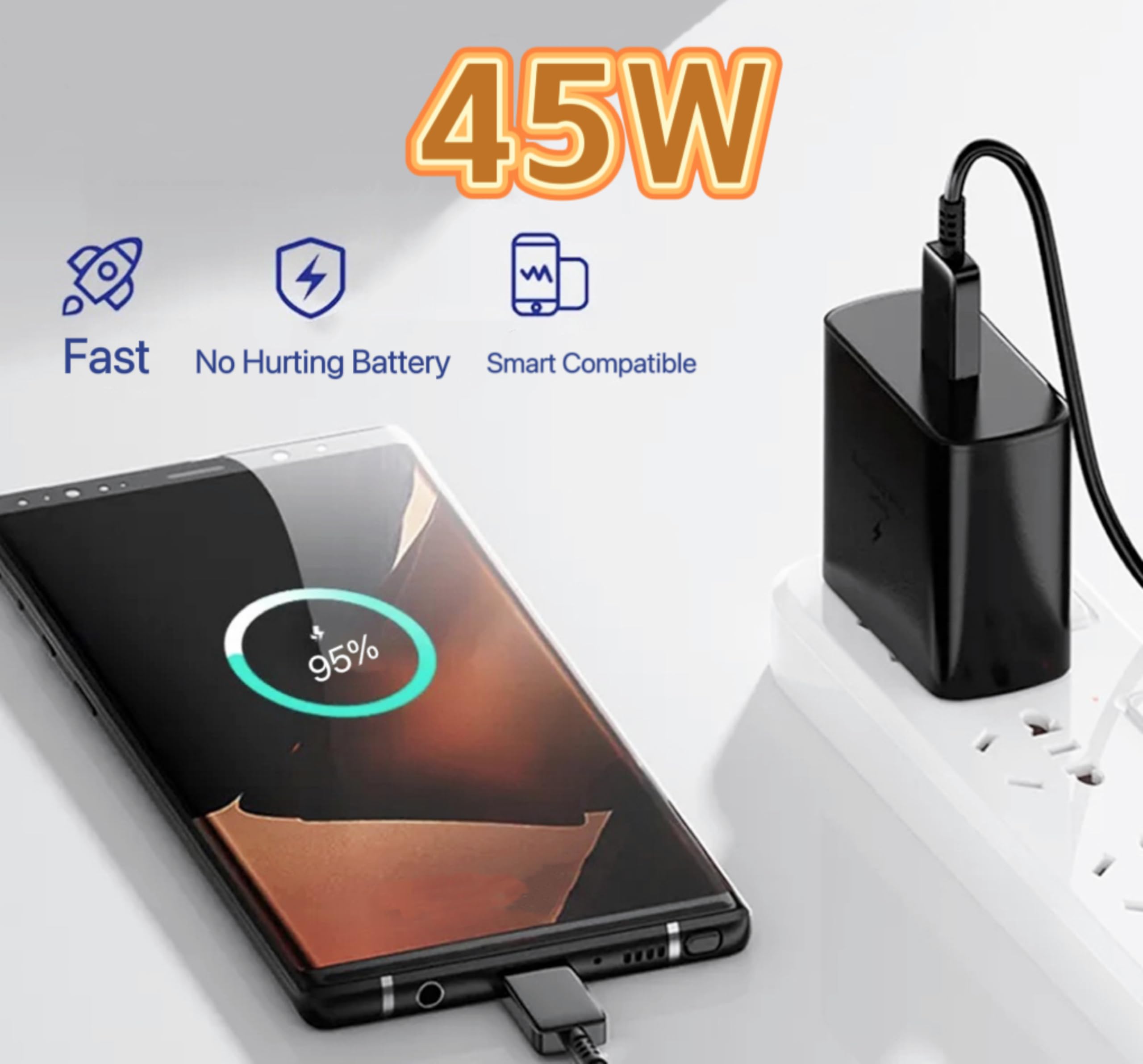 45W Fast USB-C Charger with Type C Cable & UK Adapter - Compatible with Samsung Galaxy S23/S22/S21/S20/S10, Google Pixel, Huawei & Tablets - Perfect for Travel, Home & Office Charging