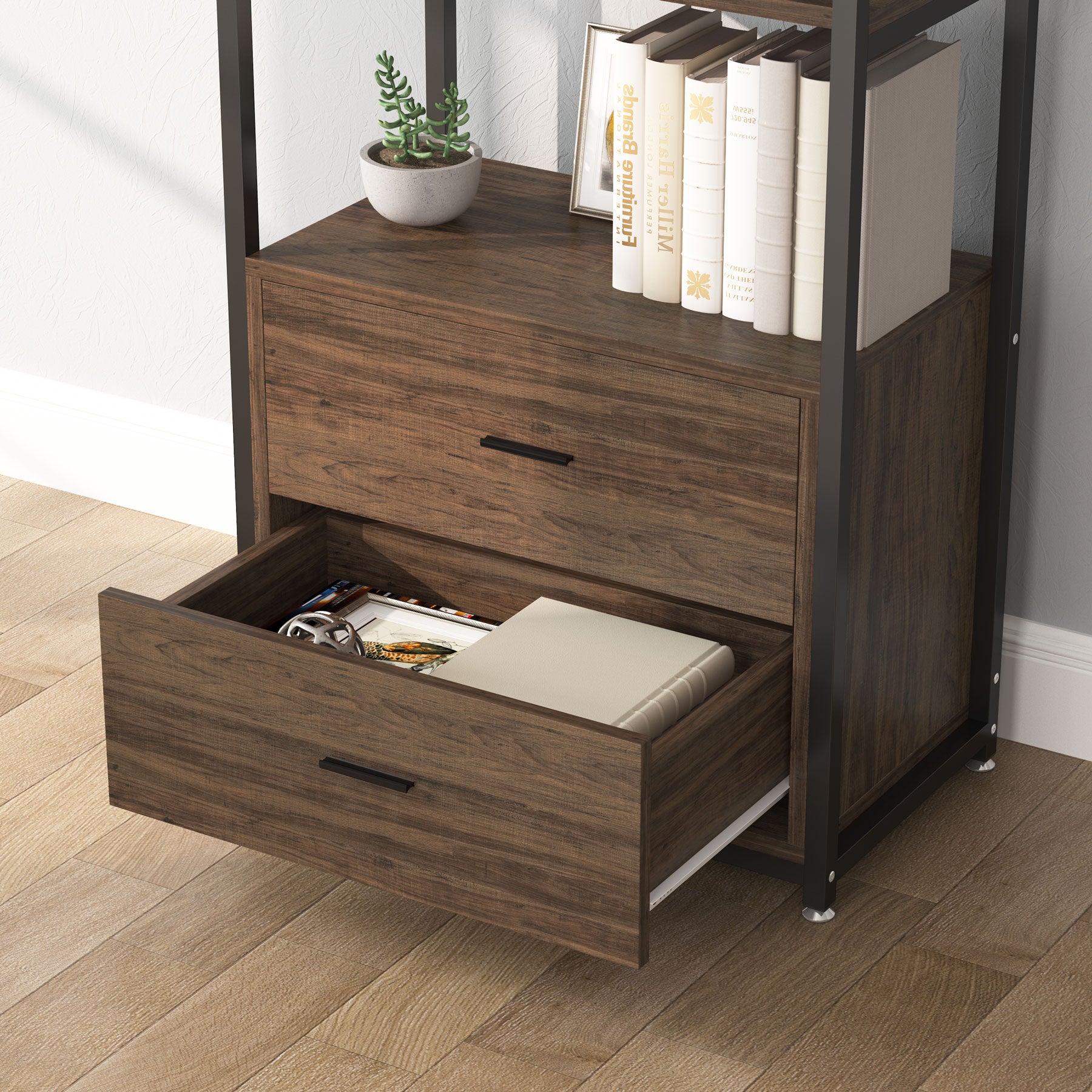 2-Drawer Bookshelf Etagere Bookcase with Open Shelves - Modern Storage Solution for Home Office, Living Room & Bedroom Organization