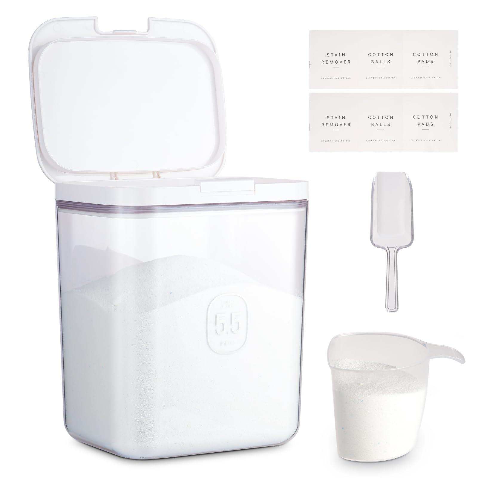 5.5L Large Capacity Laundry Detergent Storage Container with Pop-Up Lid - Airtight Powder Holder for Laundry Pods, Dishwasher Pods & Dry Food (Rice, Flour) - Includes Scoop & Measuring Cup - Perfect for Laundry Room & Kitchen Organization