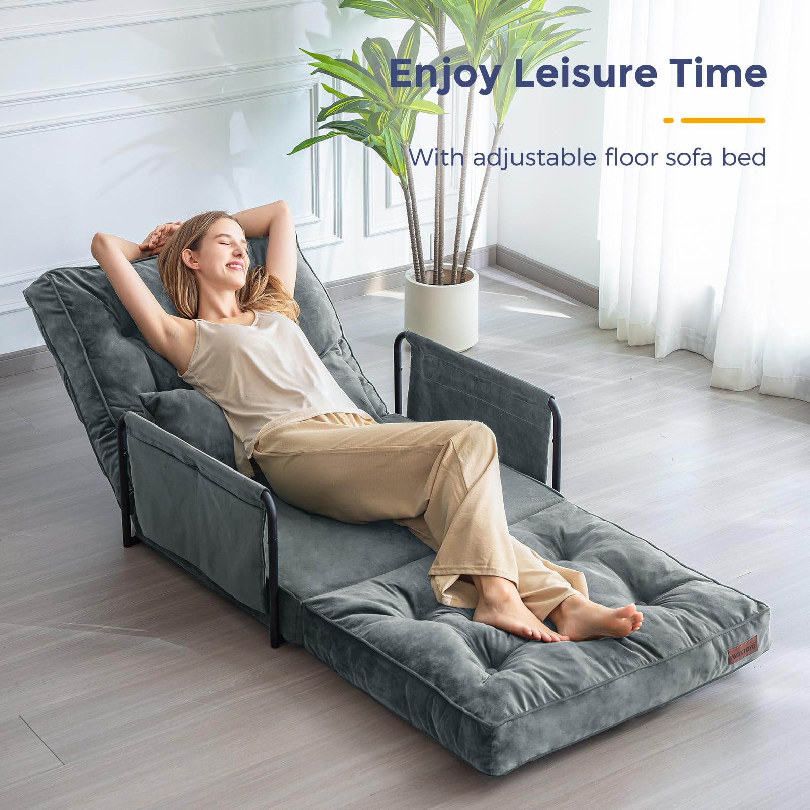 MAXYOYO Adjustable Floor Sofa Couch - Velvet Convertible Lazy Sofa Sleeper Bed with Pillow & Armrest, Single Size Dark Grey for Living Room, Bedroom & Small Spaces