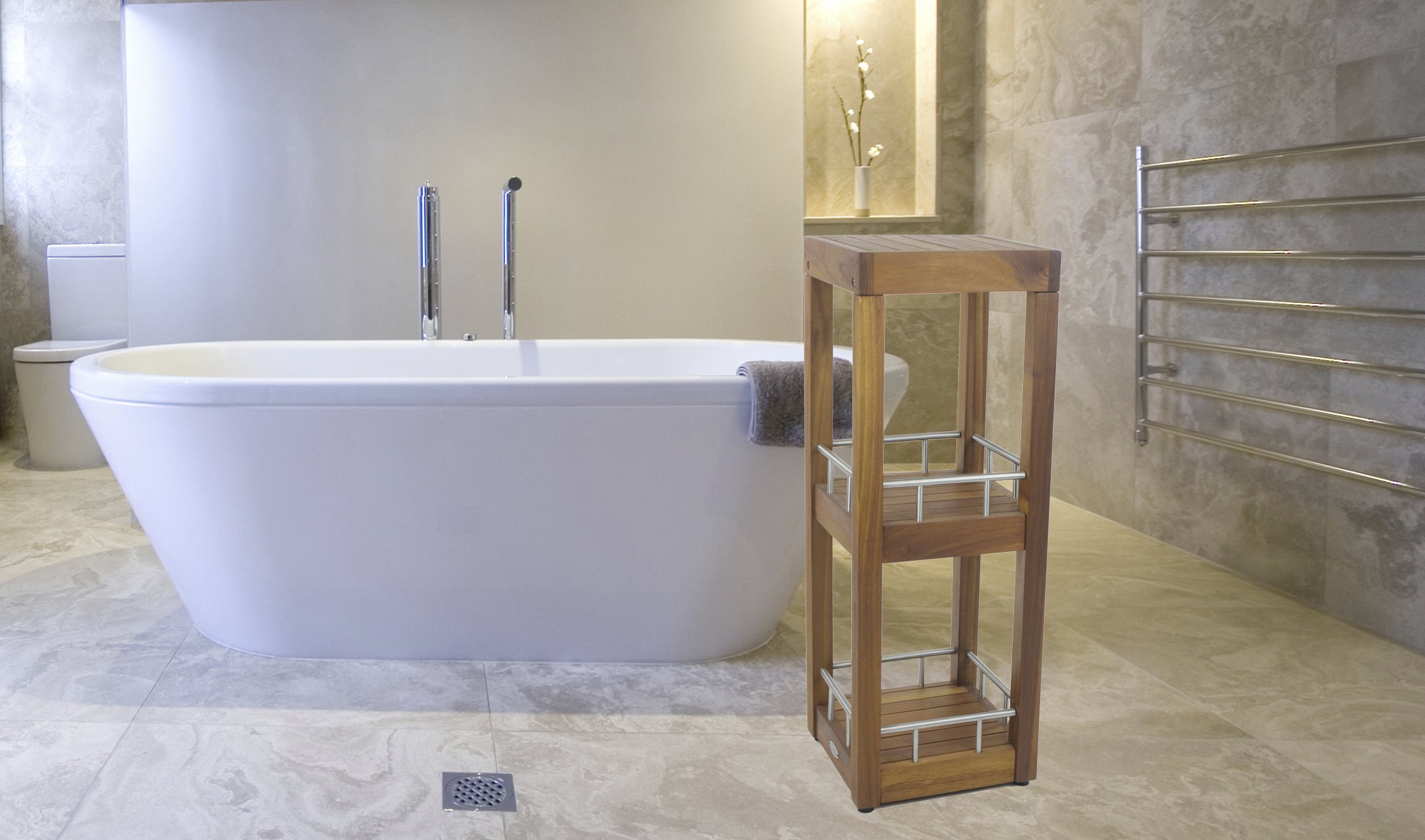 AquaTeak Sula Square 3-Tier Teak & Stainless Steel Bathroom Shelf - Perfect for Shower Organizer, Spa Storage, and Bathroom Decor
