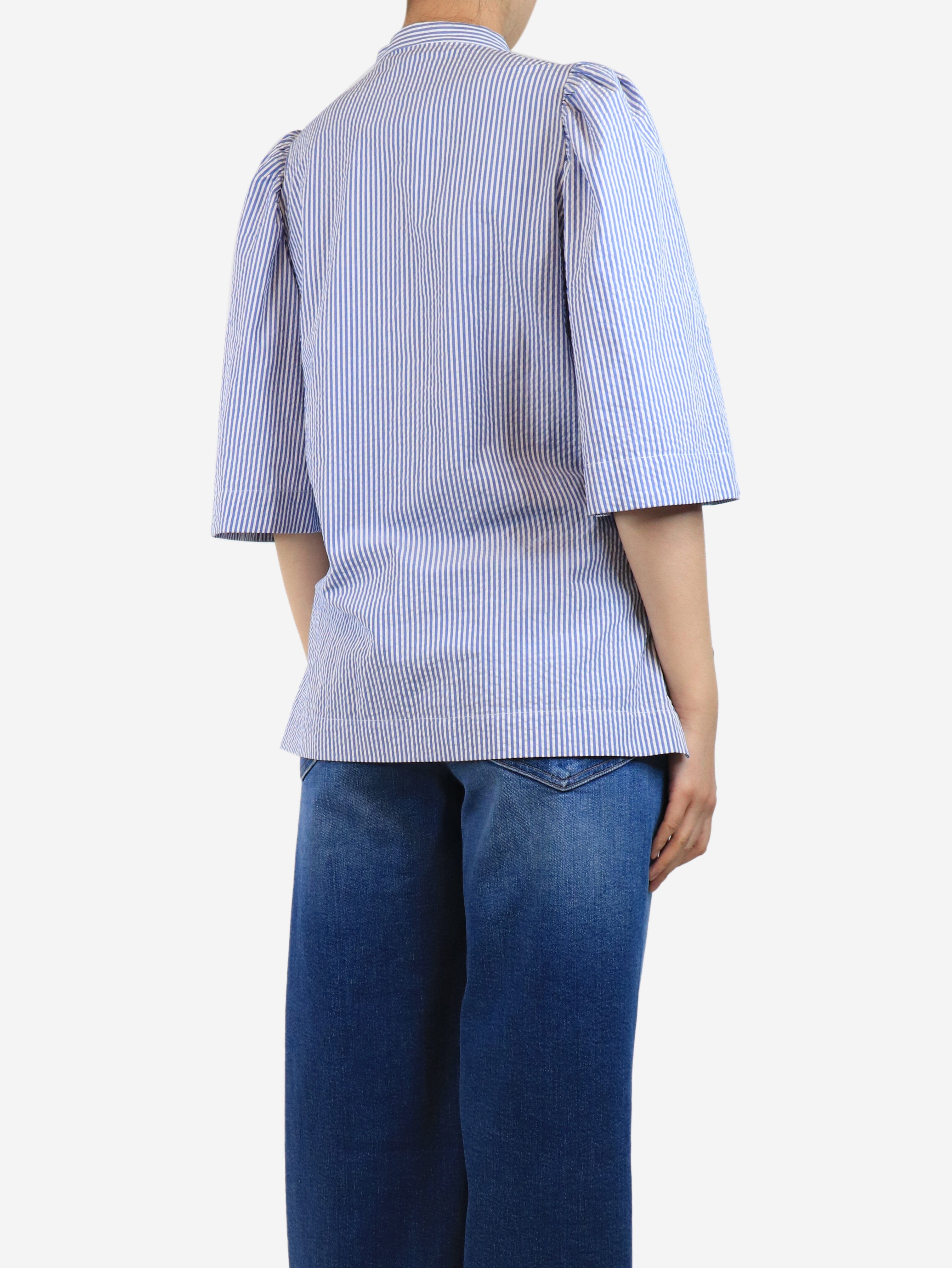 Blue and White Striped Seersucker Blouse - UK Size 10 | Lightweight Summer Top for Women | Perfect for Beach Outings, Casual Wear & Office Attire