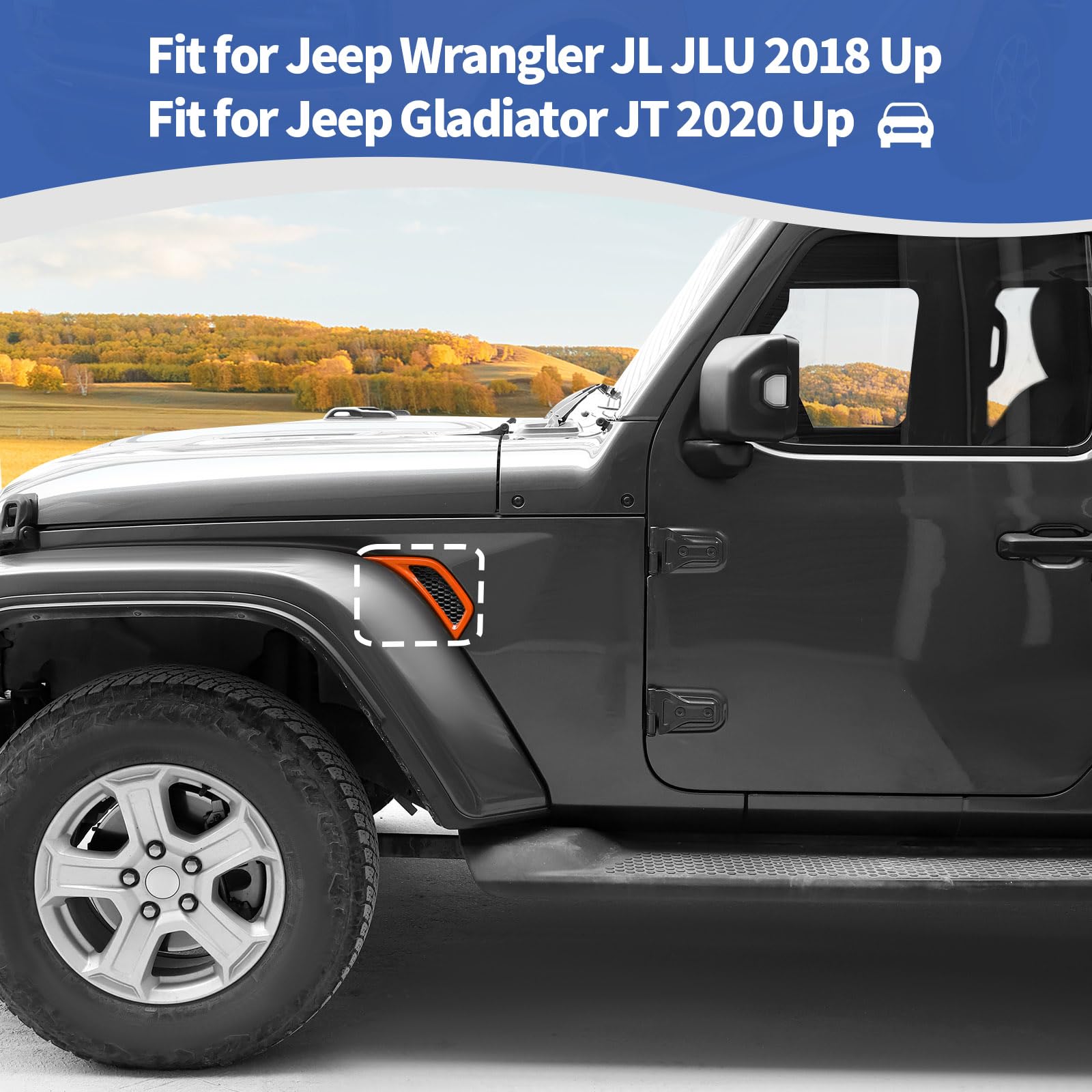 Jeep Wrangler JL JLU & Gladiator JT Side Fender Vent Decal Trim Cover - RT-TCZ Style (2018-2024) | Orange Exterior Accessories (2-Piece Set) | Off-Road Protection & Custom Styling Upgrade