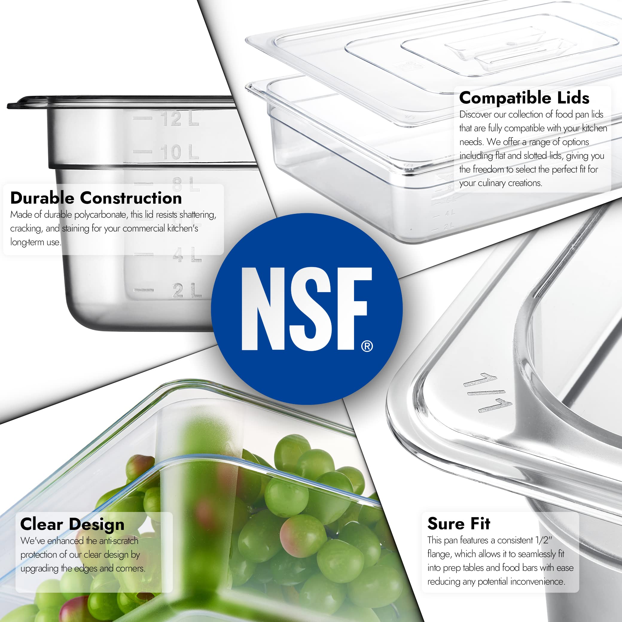 6 Pack NSF Certified Food Pans - 4 Inch Deep Full Size Clear Polycarbonate Plastic Containers - Freezer Safe & Commercial Grade for Restaurant, Catering & Bulk Food Storage
