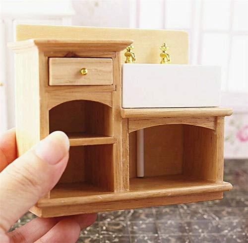 1/12 Miniature Wooden Wash Basin Cabinet with Ceramic Hand Sink - Perfect for Dollhouse Bathroom & Kitchen Decor, DIY Craft Projects, and Model Home Accessories