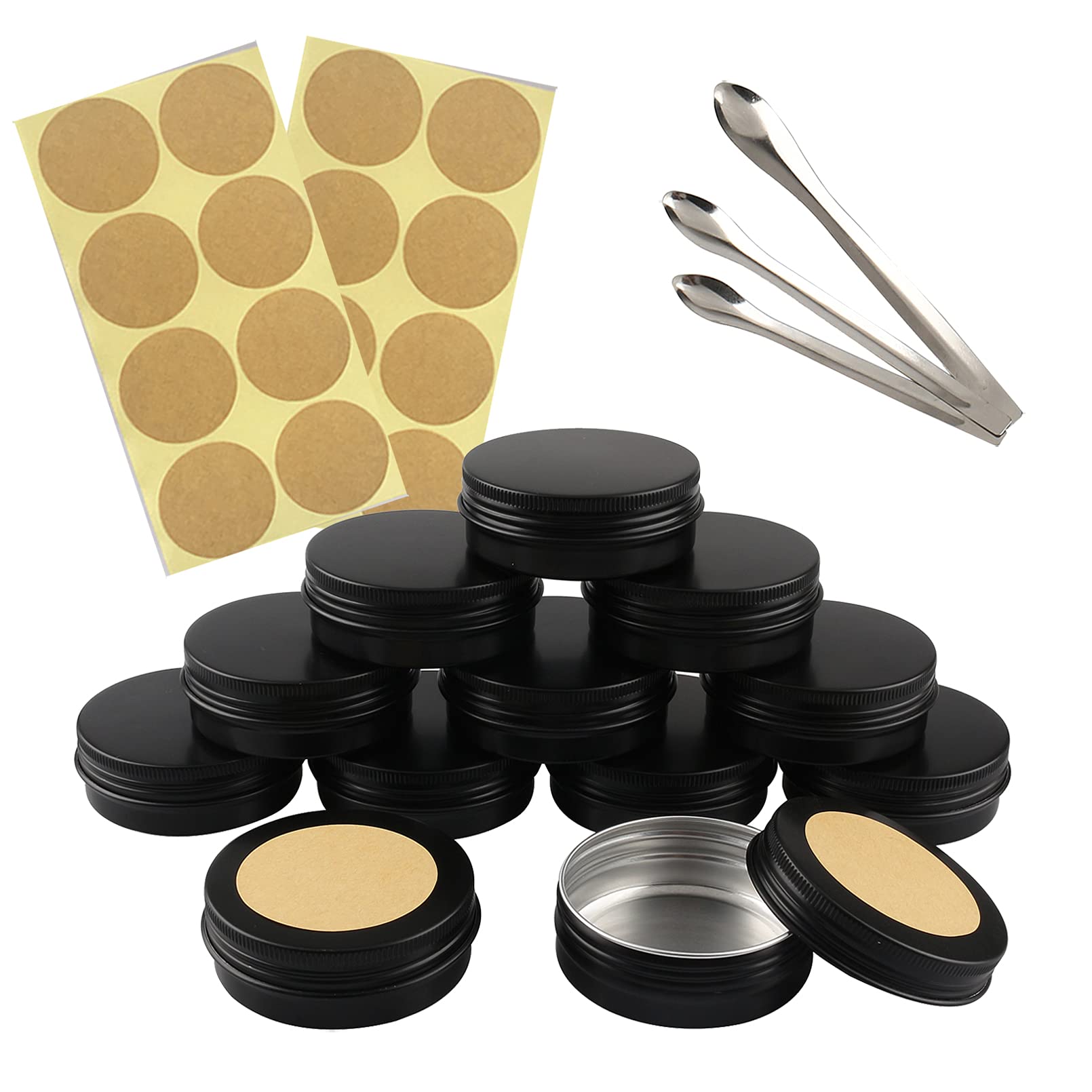100 Pcs 60ml (60g) Empty Round Black Aluminum Tin Jars with Screw Lids - Cosmetic Containers for Lip Balm, DIY Candle, Salve, Powder Storage - Includes 3 Aluminum Spoons & 100 Labels (5cm Diameter) - Perfect for DIY Crafts, Homemade Beauty Products, and Small Item Organization