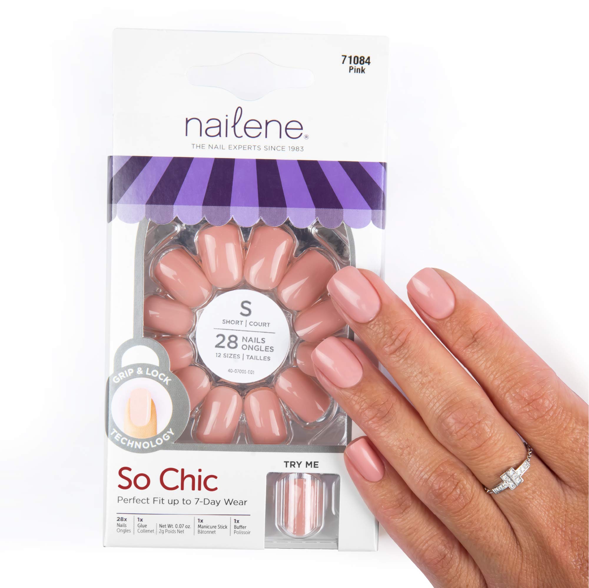 Nailene So Natural False Nails - Pink High Gloss Artificial Nails (28 Count) for Manicure, Parties & Special Occasions