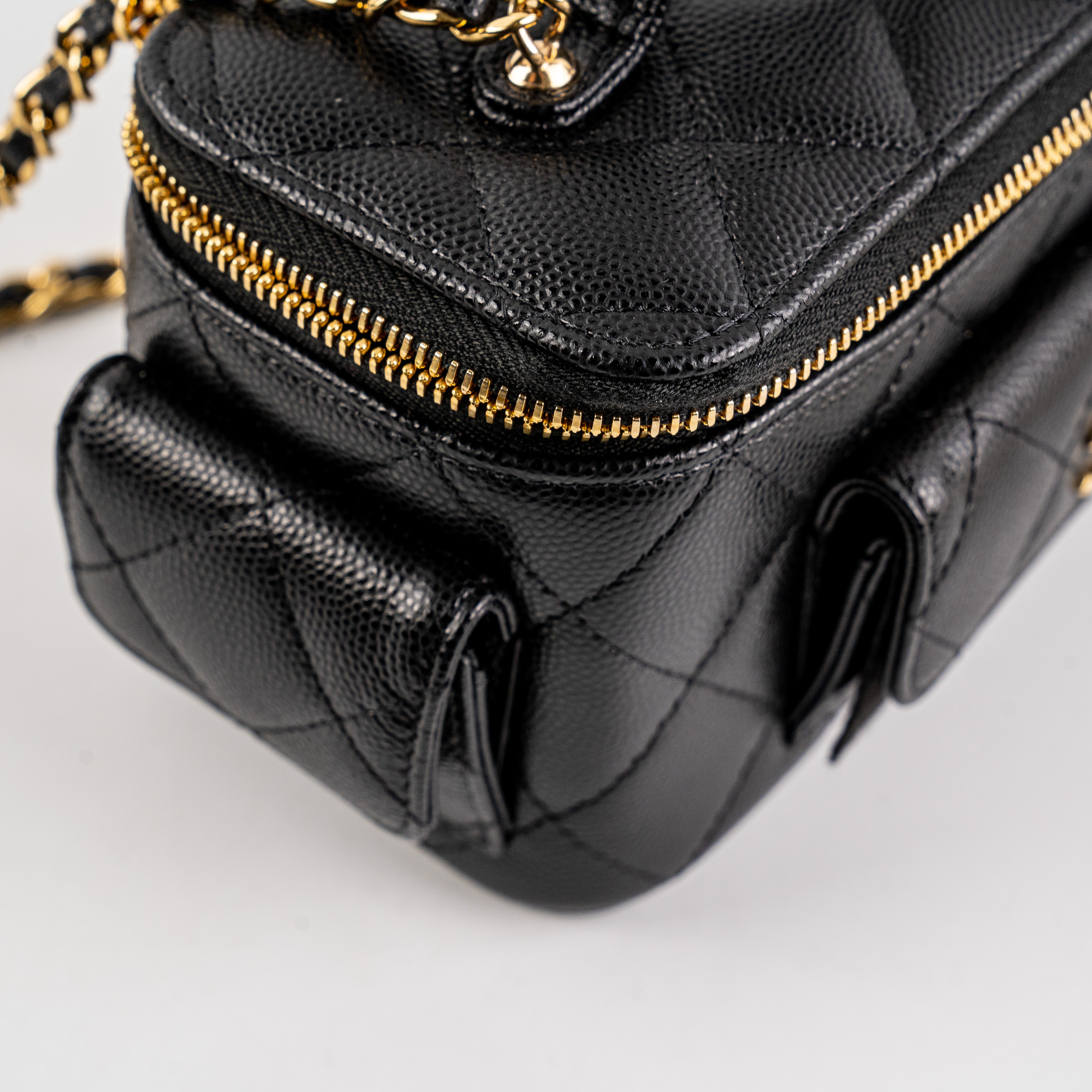 Chanel Caviar Multi Pocket Vanity Bag Black Microchip Leather Crossbody - Perfect for Travel, Parties & Everyday Luxury