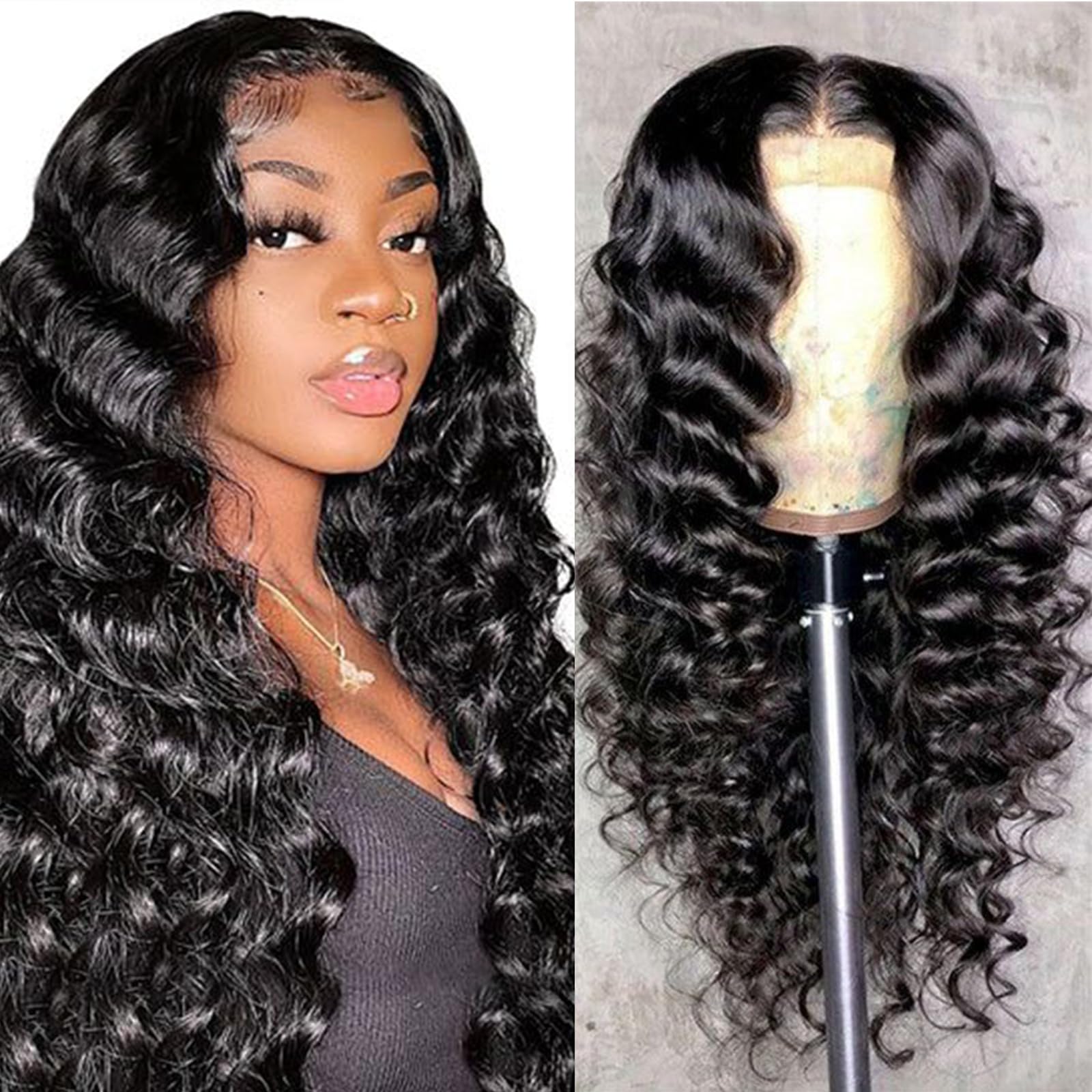 24 Inch Glueless Human Hair Wigs for Black Women - Loose Deep Wave Lace Front Wig with Pre-Plucked Baby Hair & 4x4 Transparent Lace | No Glue Needed, Natural Look for Daily Wear, Parties & Special Occasions