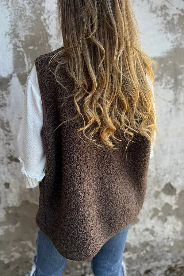 Solid Color V-Neck Pocket Button Sleeveless Polar Fleece Vest for Women - Warm Winter Layering, Outdoor Activities & Casual Wear