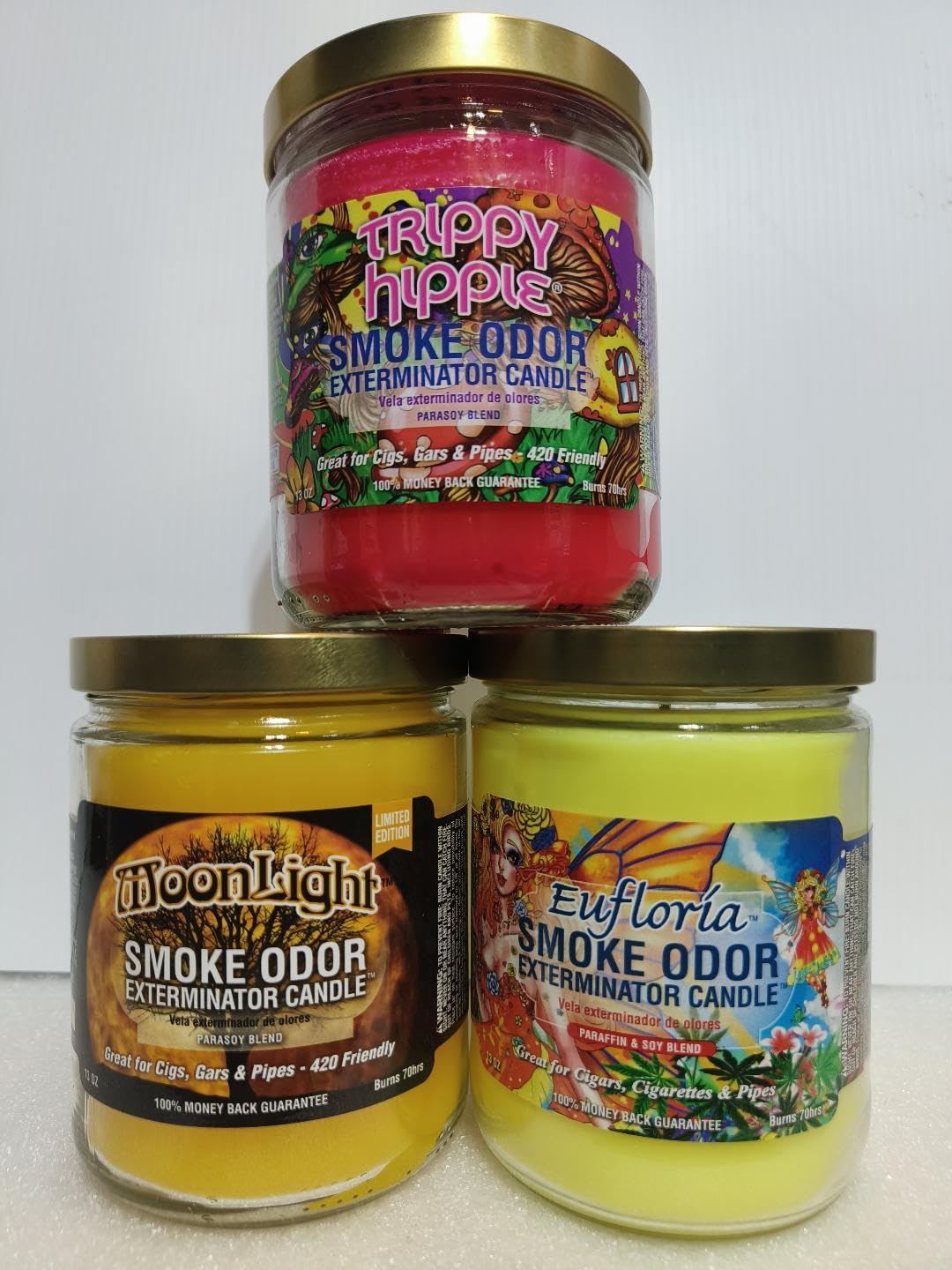 Trippy Hippie Smoke Odor Eliminator Candles - 3-Pack (13 oz Each) with Eufloria & Moon Light Scents | Home, Office & Meditation Room Air Freshener