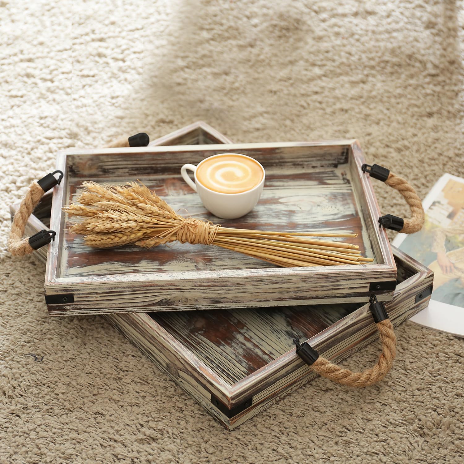 MyGift 2-Piece Rustic Wood & Black Metal Nesting Serving Trays with Rope Handles - Decorative Wooden Tray Set for Breakfast in Bed, Coffee Table, Ottoman Decor - Perfect for Home, Kitchen, and Party Serving