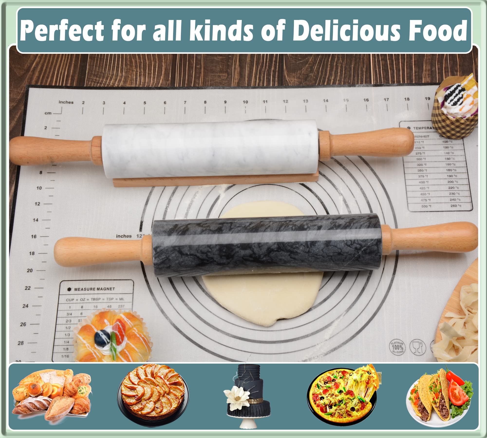 Premium 18.5 Inch White Marble Rolling Pin with Wooden Cradle - Thick Handle Baking Roller for Pizza Dough, Fondant, Pie Crust - Non-Stick Surface & Easy to Clean - Perfect for Home Baking, Pastry Making & Cookie Decorating
