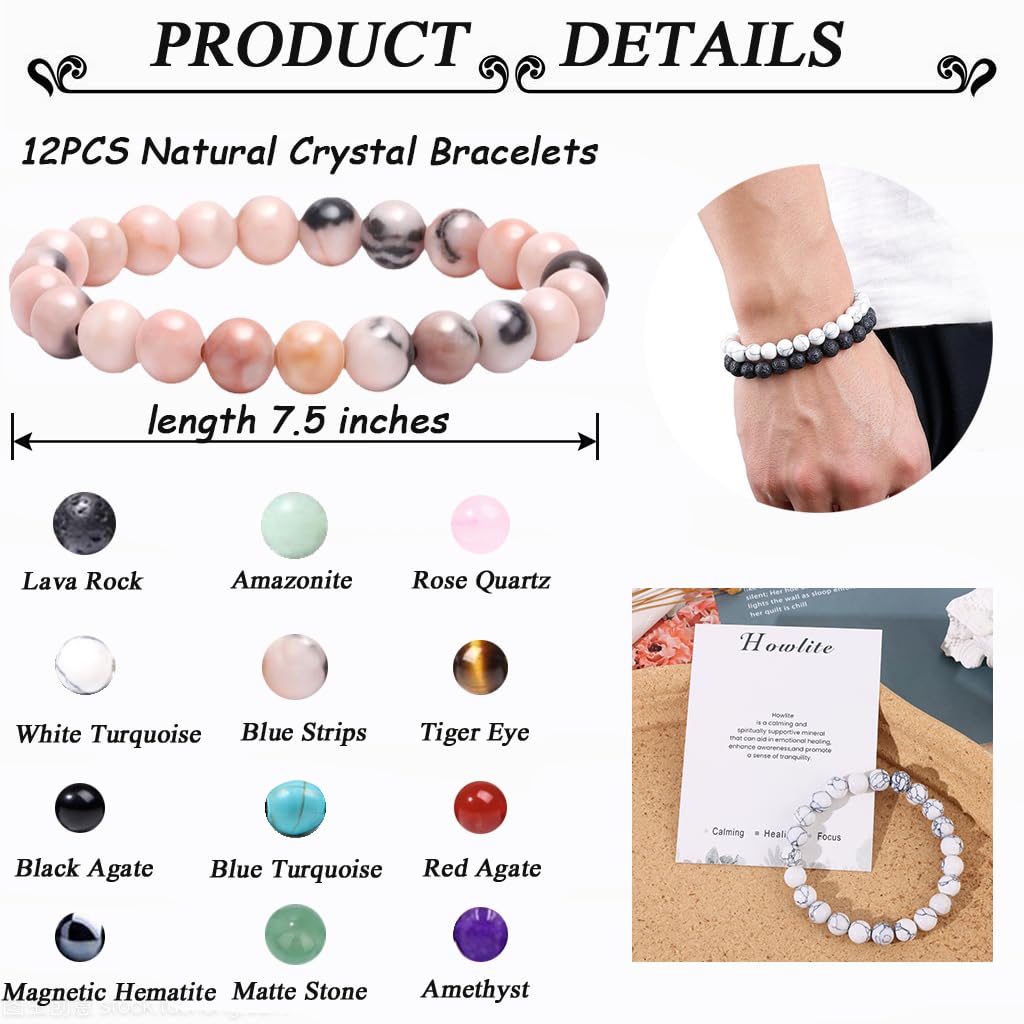 MOZAKA 12PCS Natural Crystal Bracelets for Women & Men - 8mm Semi-Precious Gemstone Beaded Stretch Bracelets, Healing Stone Unisex Jewelry Gift for Meditation, Yoga & Positive Energy
