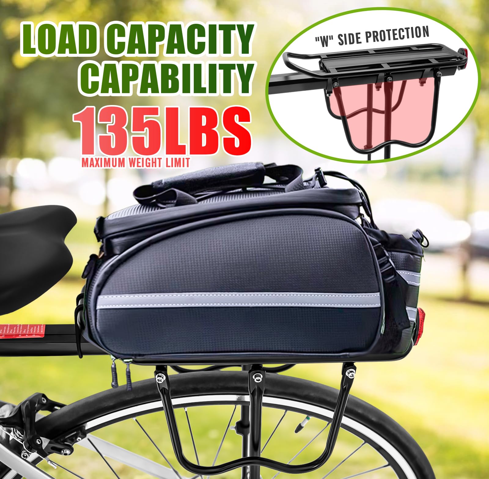 Heavy Duty Rear Bike Rack - Universal Adjustable Bicycle Cargo Carrier with 110-135Lb Capacity, Reflective Logo & Stand Footstock - Perfect for Commuting, Touring & Grocery Hauling