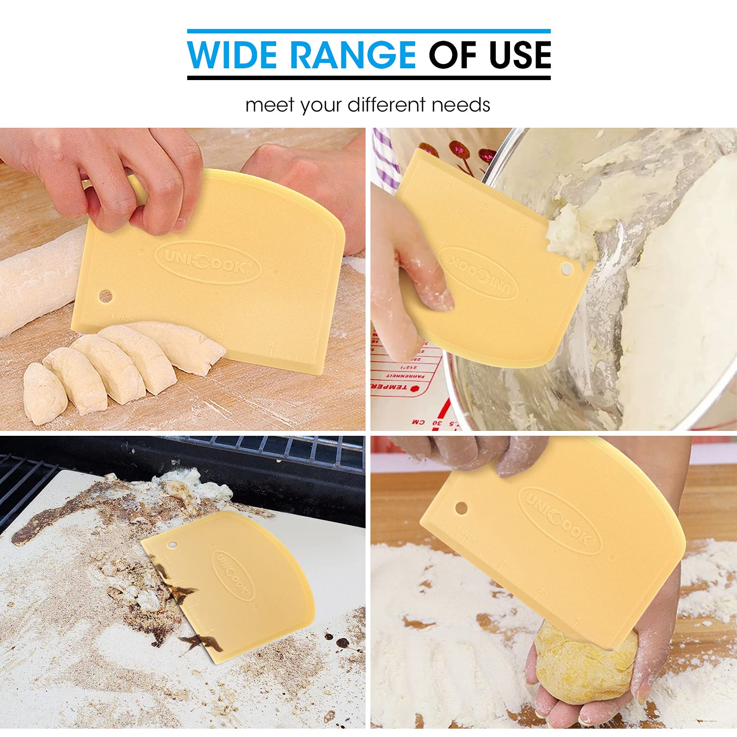 Unicook Dough Scraper & Flexible Bowl Scraper Set - Pastry Cutter with Measuring Scale, Non-Slip Pizza Chopper - 2 Pack Multipurpose Baking Tools for Pizza, Dough, Cake - Easy to Clean - Perfect for Home Bakers & Professional Kitchens
